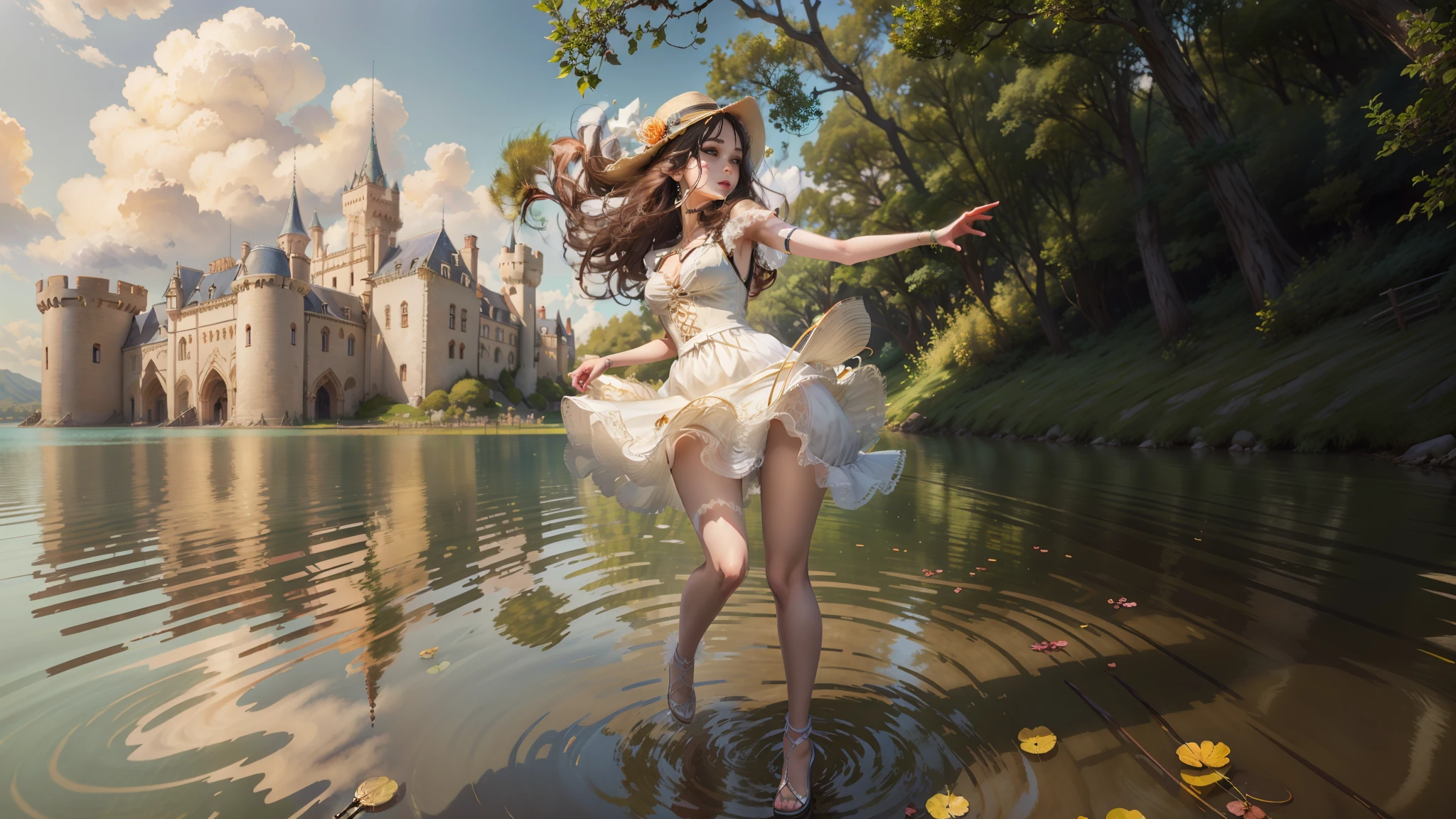 Anime girl dancing in lake in white dress,The background is a castle, Kushatt Krenz Key Art Women, by Yang J, Artgerm and Atey Ghailan, WLOP and Sakimichan, Artgerm on ArtStation Pixiv, Style Artgerm, Anime girl walking on water, elegant floating pose