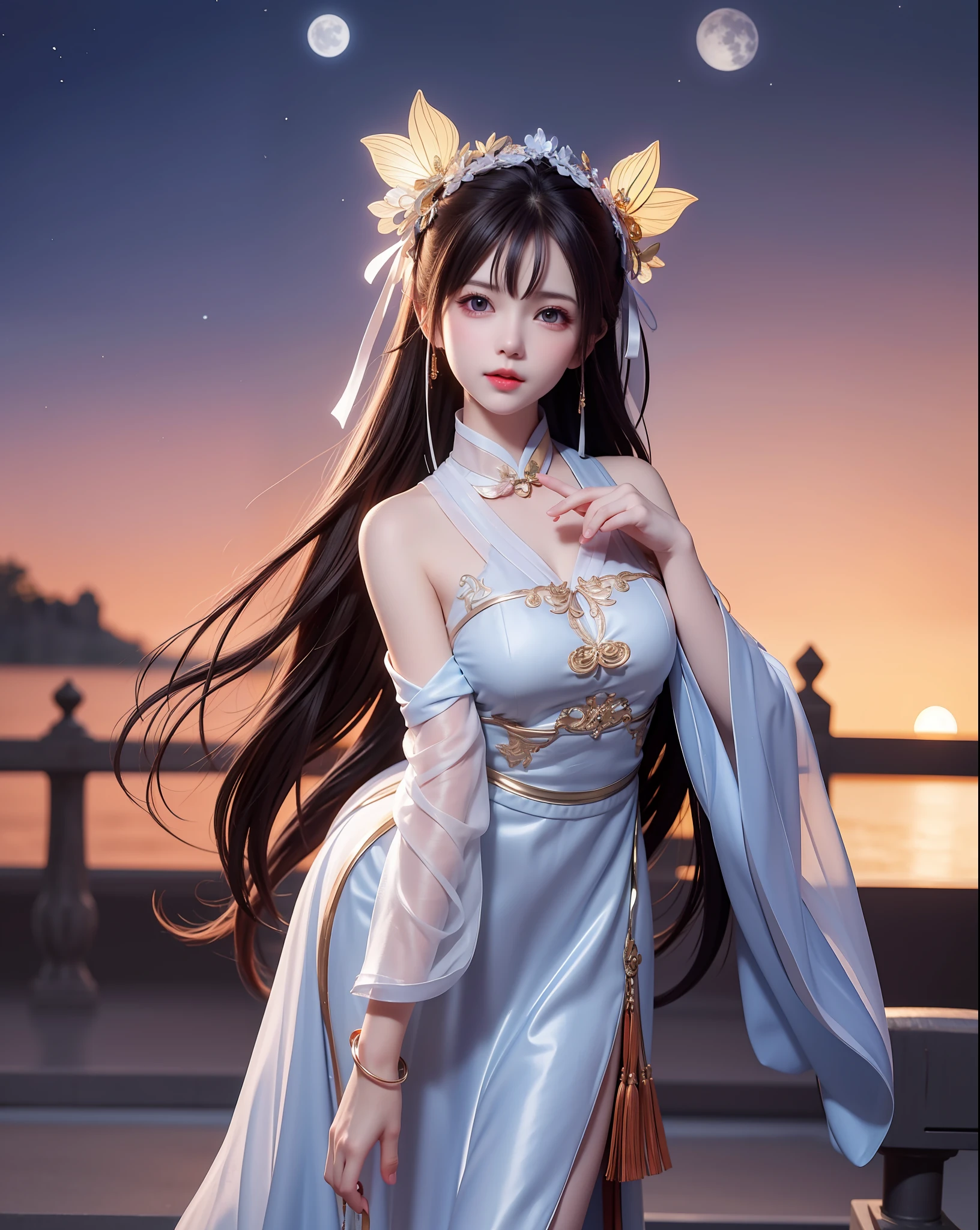 (8k, RAW photo:1.2), best quality, ultra high res,dramatic angle,(fluttered detailed color splashs), (illustration),(((1 girl))),(long hair),(rain:0.9), (头饰:1.4),少女身边有一座古宫,汉服,(重点),彩色水墨画,(泼彩),泼彩,(((colorful))),(素描:0.8) , Masterpiece, best quality, beautiful painted, highly detailed,(denoising:0.6),[splash ink],((ink refraction)), (beautiful detailed sky),moon,highly,detaild,(masterpiece, best quality, extremely detailed） CG unity 8k壁纸，杰作，最好的质量，超详细），（石蒜），