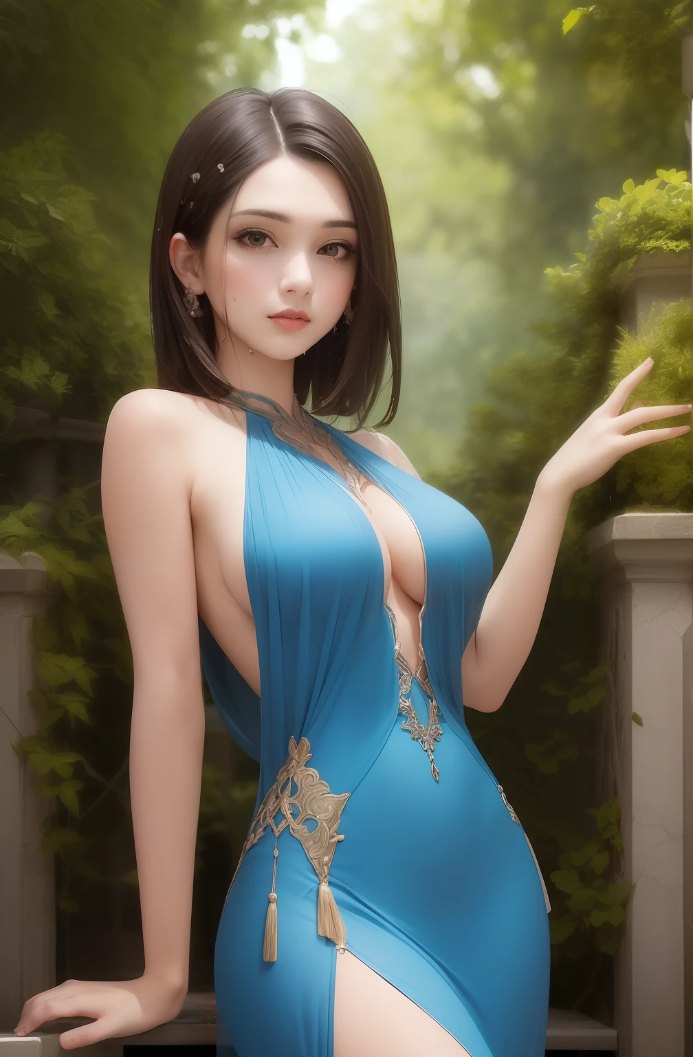 (Masterpiece: 1.2, Best Quality), Realism, (Real Pictures, Intricate Details, Depth of Field), (1girl, Solo), Makeup, Lips Apart, High Detail, ((Perfect Face, Facing the Camera)))), (Huge Tits: 1.4), (Skindentation), ((Slender Legs)), Wide Buttocks, Thin Waist, Tall, Coral Lips, Long Hair, Dark Eyes, (Beauty Wears Ultra-Short Transparent Openwork Wedding Dress), Reveals Slender Waist with Vest Line at Waist, (Squat), (( (stretch slender legs to the sides))), ((exposing the base of the thighs)), lace stockings, (sweating: 1.2), (wet, transparent), sexy, blush,