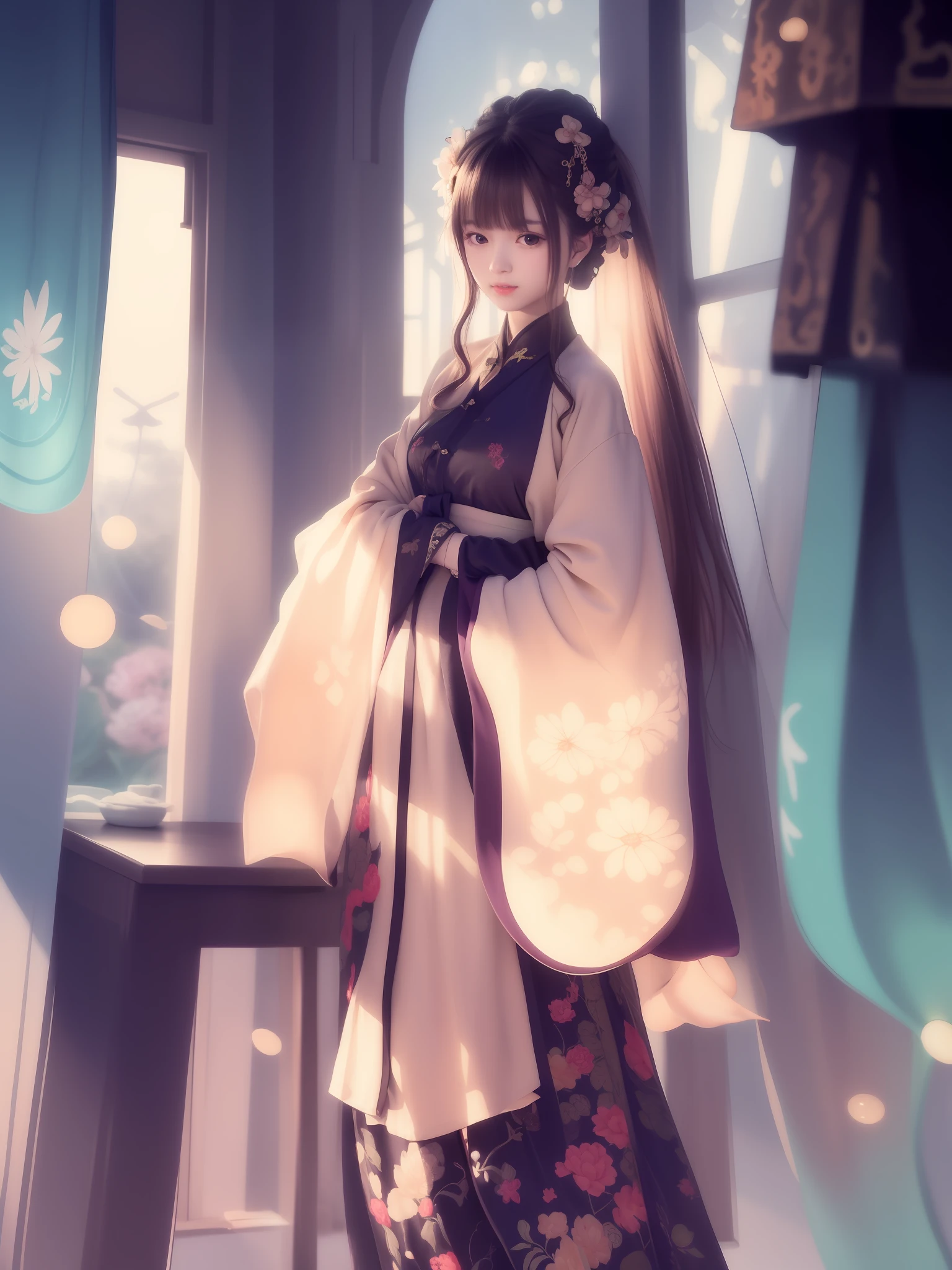 ((4k,masterpiece,best quality)), shuimobysim, Traditional chinese painting, lotuses, Hanfu, maxiskit, Dress conservatively 1girl, solo, long whitr hair, ssmile, standing on your feet,, The barefoot,pavilion,face emphasis,Refinement,grand master,chain,The sense of light and shadow is strong