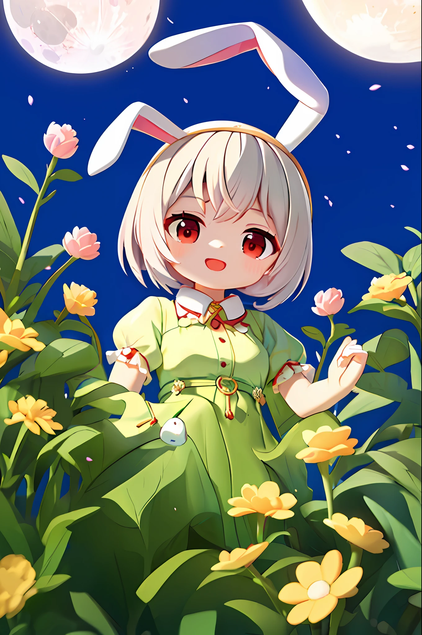 (masterpiece, best quality:1.2), illustration, absurdres, highres, extremely detailed, 1 petite girl, white short hair, rabbit ears, red eyes, eye highlights, dress, short puffy sleeves, frills, outdoors, flower, fluttering petals, upper body, (moon:1.2), night, depth of field, (:d:0.8),