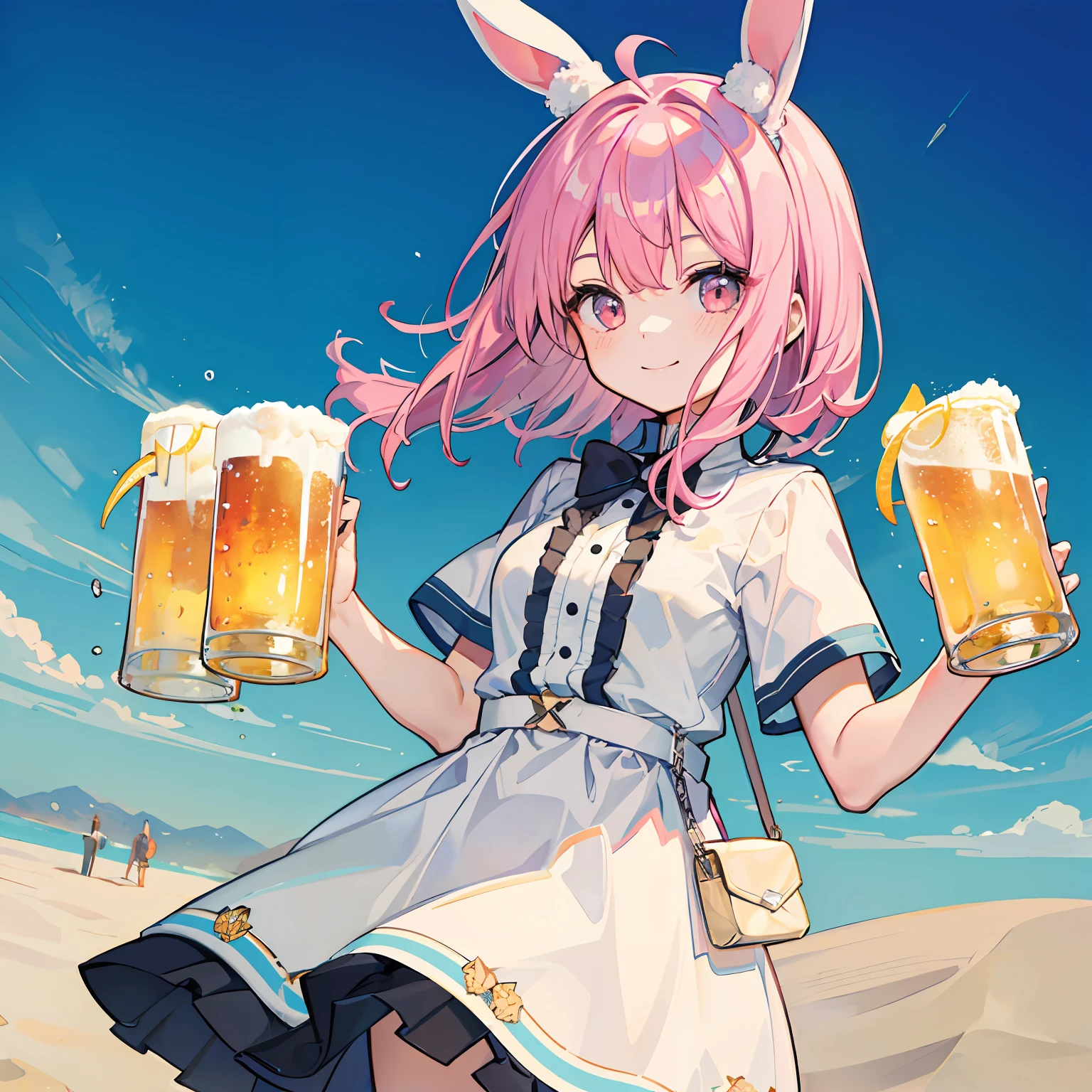 Rabbit-eared girl perspiring a smile Short sleeve dresses Cold beer Drinking A desert desert background Horizon
