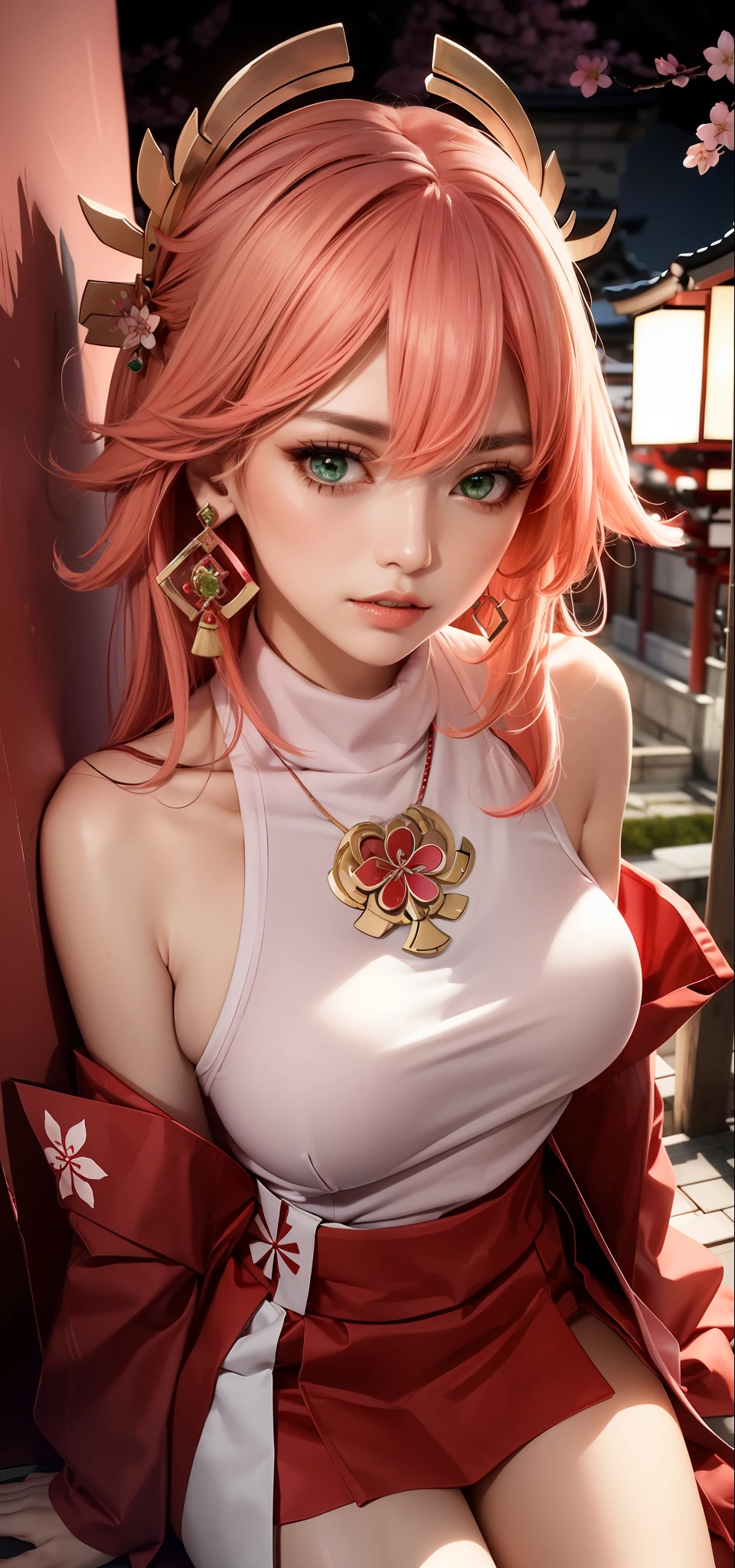 (Masterpiece, Excellent, 1girl, solo, complex details, color difference), realism, ((medium breath)), off-the-shoulders, big breasts, sexy, Yae Miko, long pink hair, red headdress, red highlight, hair above one eye, green eyes, earrings, sharp eyes, perfectly symmetrical figure, choker, neon shirt, open jacket, turtleneck sweater, against the wall, brick wall, graffiti, dim lighting, alley, looking at the audience, ((mean, seductive, charming)), ((cherry blossom background ))),((Japanese temple background)))), (((Glow-in-the-dark background)))