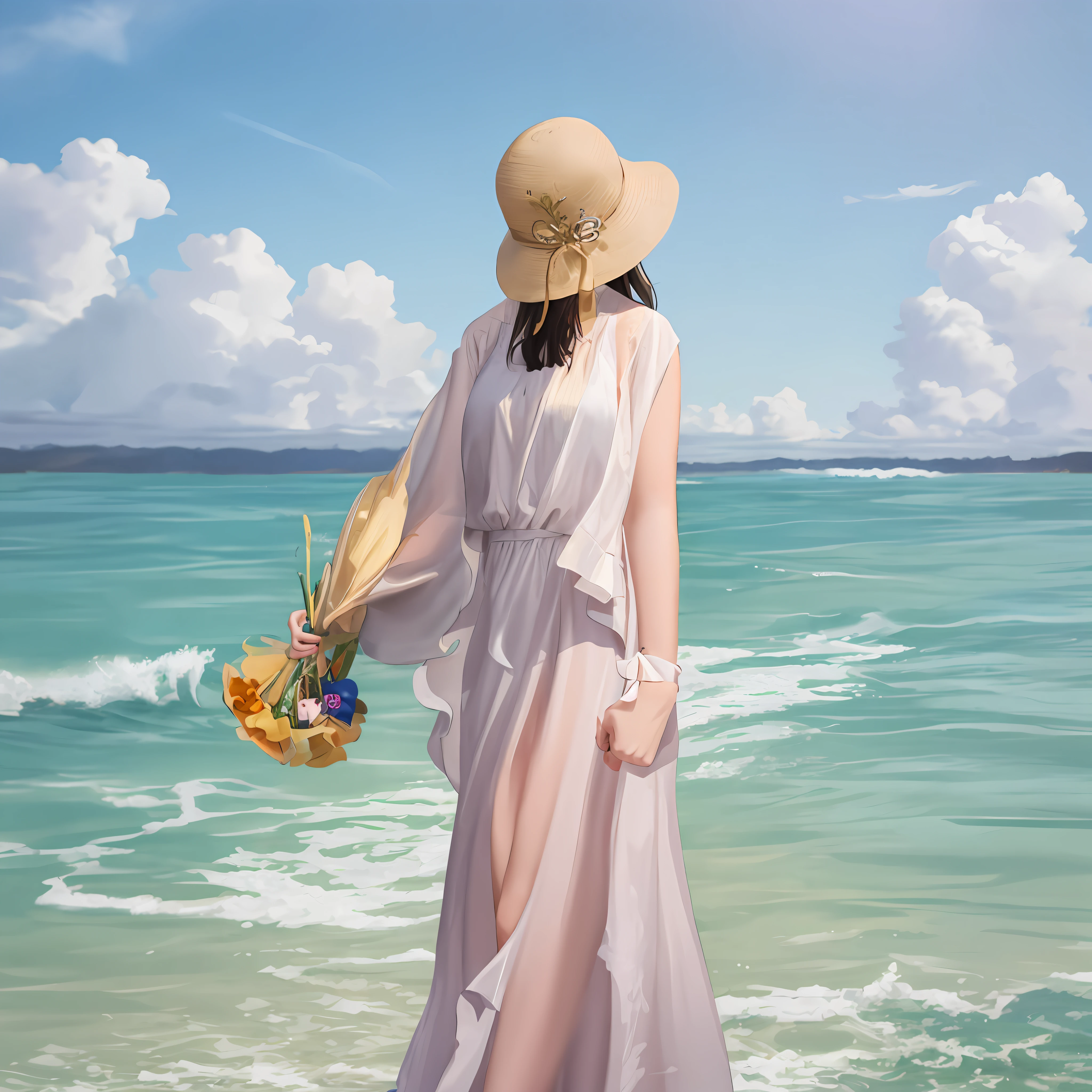 absurdres, 1girl, ocean, railing, white dress, sun hat, smile, (realistic:0.75), (waving:0.9),