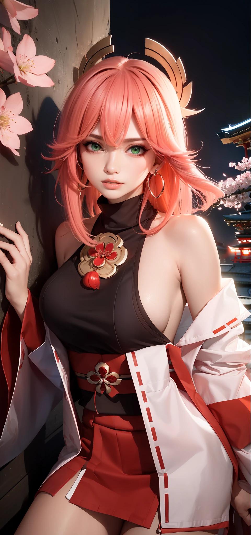 (Masterpiece, Excellent, 1girl, solo, complex details, color difference), realism, ((medium breath)), off-the-shoulders, big breasts, sexy, Yae Miko, long pink hair, red headdress, red highlight, hair above one eye, green eyes, earrings, sharp eyes, perfectly symmetrical figure, choker, neon shirt, open jacket, turtleneck sweater, against the wall, brick wall, graffiti, dim lighting, alley, looking at the audience, ((mean, seductive, charming)), ((cherry blossom background ))),((Japanese temple background)))), (((Glow-in-the-dark background)))