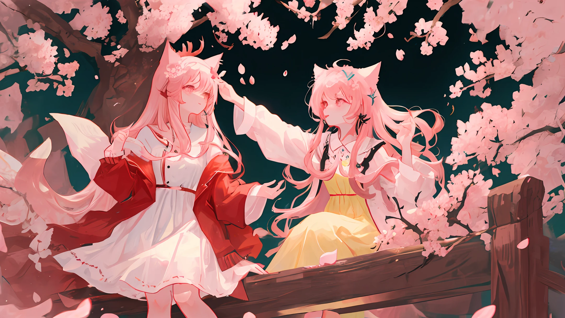 8k，Cat ear hair accessories，Beautuful Women，Tall and tall，A pink-haired，Falling cherry blossoms，Skin whitening，white dresses
