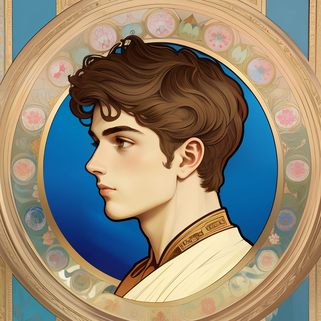 Facial portrait of a young European male,the emperor,brunette color hair,Floral frame,Decorative panels,abstract artistic,Alphonse Mucha(tmasterpiece,best qualtiy,A high resolution:1.4),A detailed,complexdetails,4K,splash of color,line art,Fibonacci,