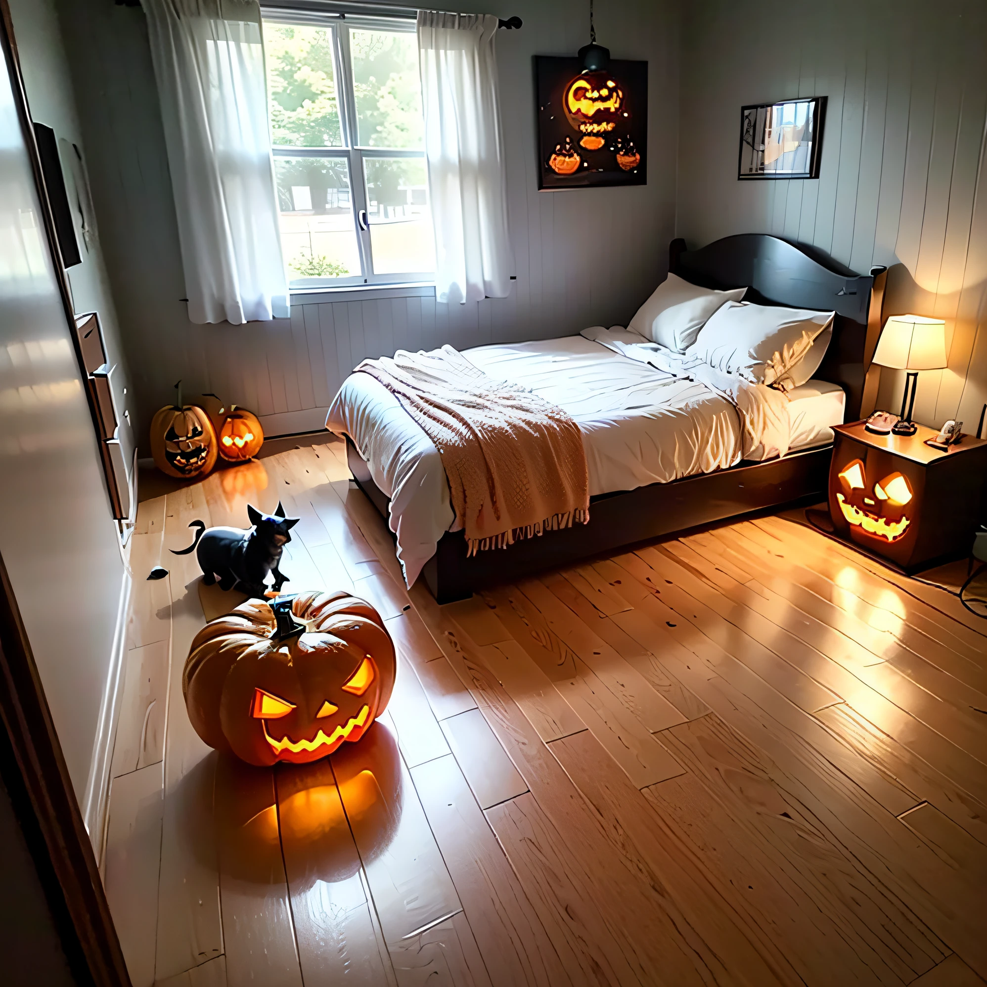 near bed,Halloween decorated house,Room with bed,There is a white wooden floor next to the bed,There is pumpkin decoration,Spider decoration,Vivid details,Photographic pictures,Nordic style,country style,White wooden floors,There is a pig on the ground --auto