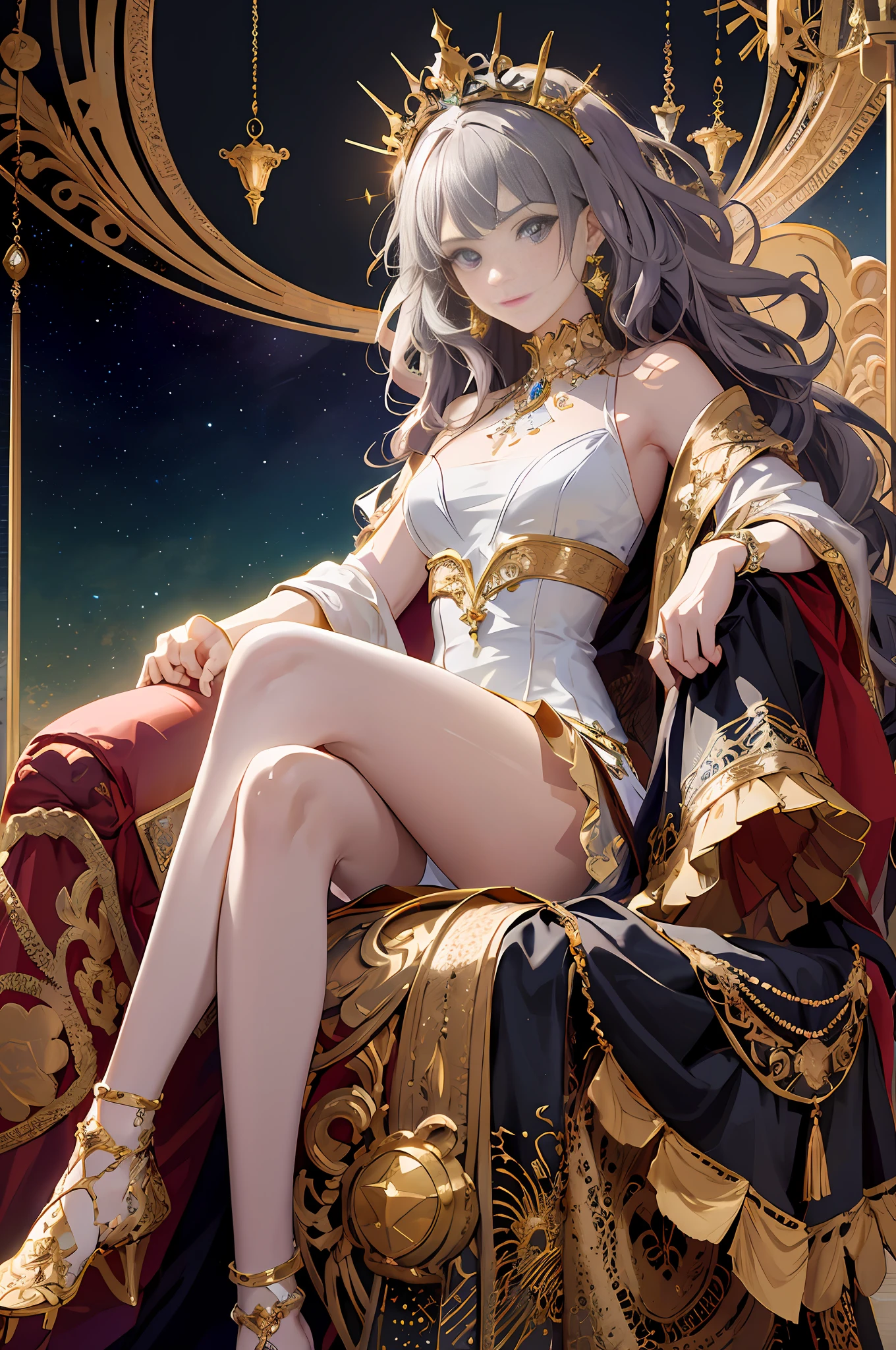 Anime - sit on the throne,A woman with a crown on her head, a beautiful fantasy empress, ((a beautiful fantasy empress)), Portrait Chevaliers du Zodiaque Fille, highly detailed exquisite fanart, Anime goddess, royal elegant pose, Extremely detailed Artgerm, Goddess. Extremely high detail, Detailed digital anime art, gorgeous goddess of leo, trending on cgstation