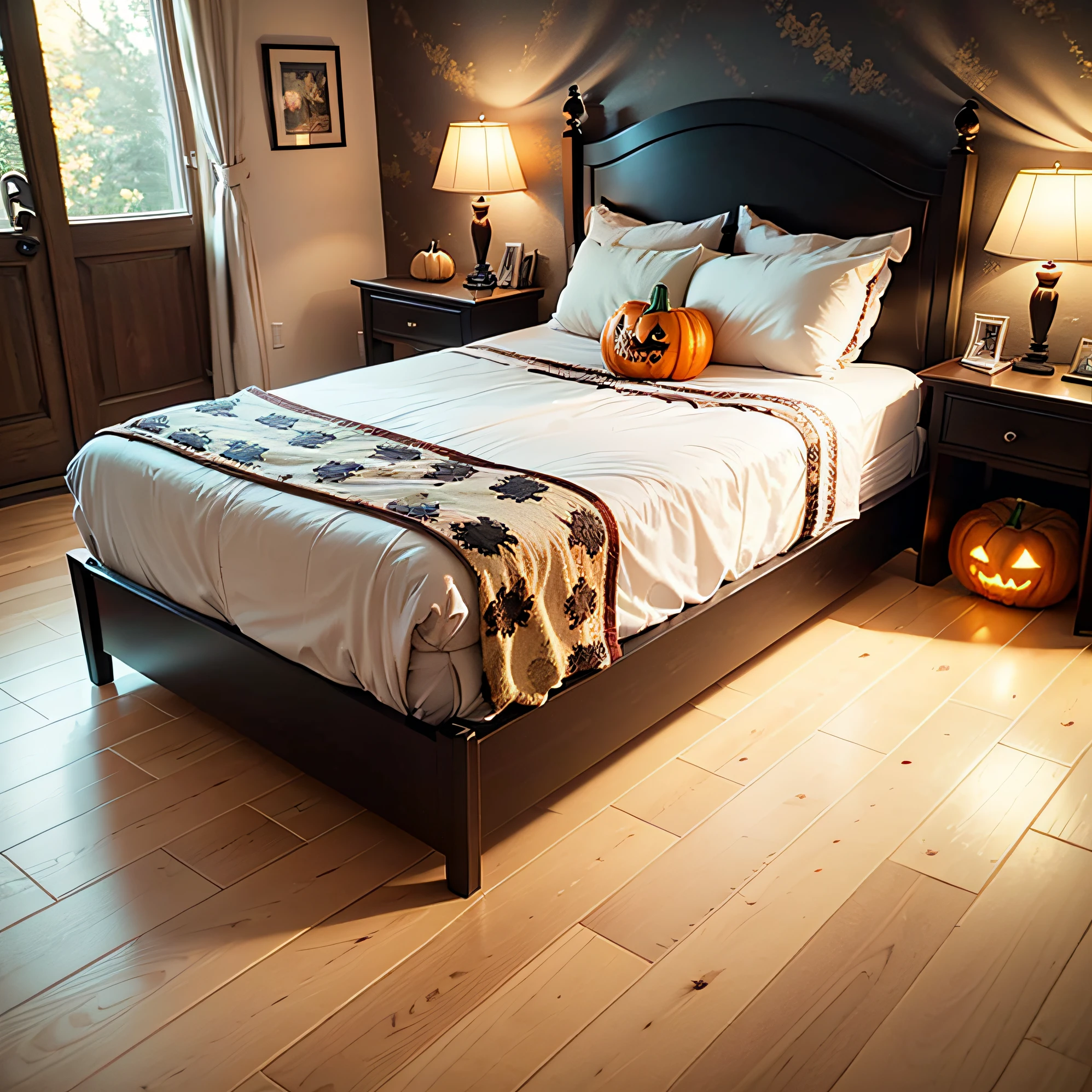 near bed，Halloween decorated house，Room with bed，There is a white wooden floor next to the bed，There is pumpkin decoration，Spider decoration，Vivid details，Photographic pictures，Nordic style，country style，White wooden floors，There is a pig on the ground --auto