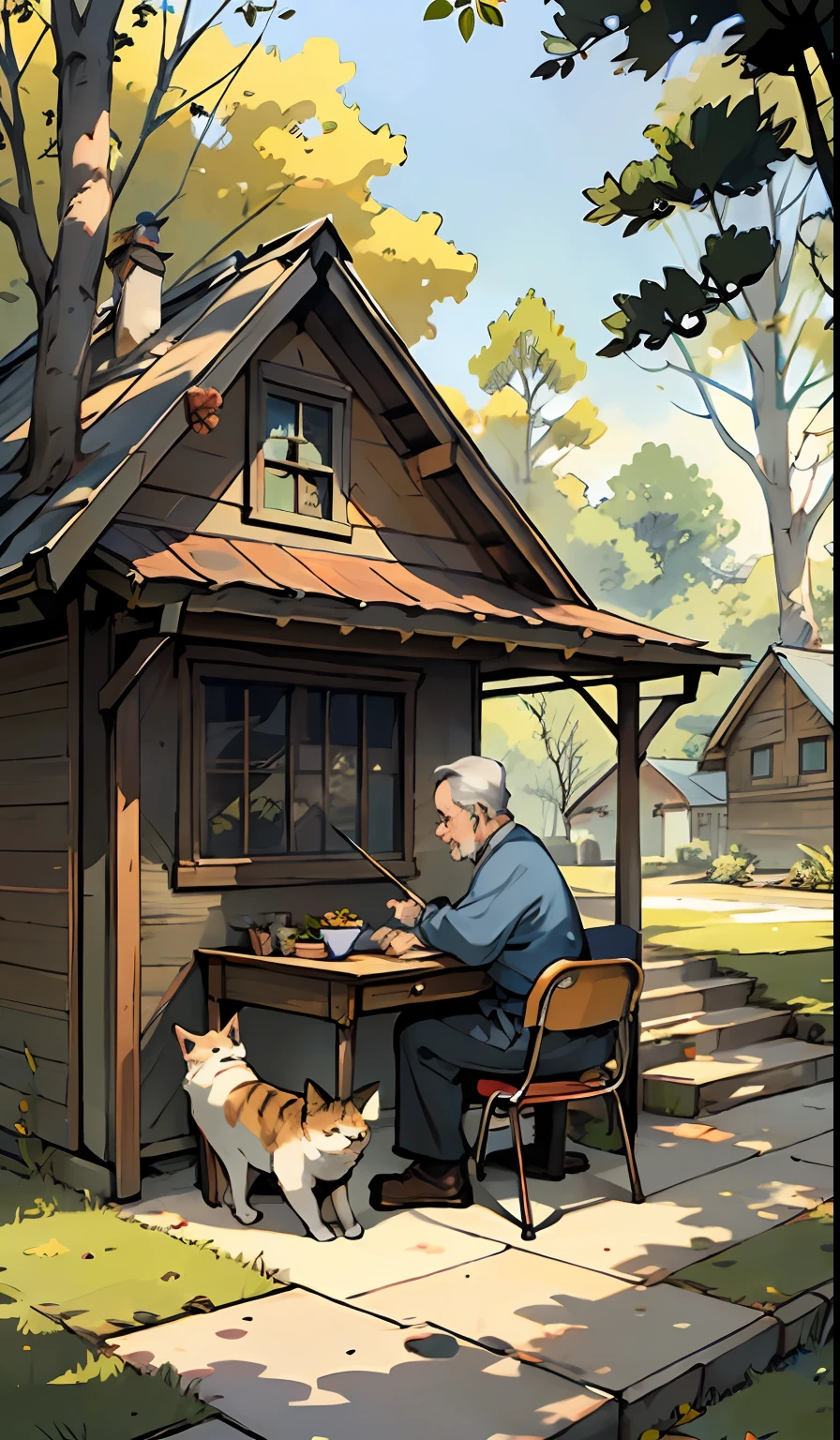 yard，desks，big trees，The grandmother is watching the  boy do his homework，Old house，Grandpa with a bowl feeding the cat；