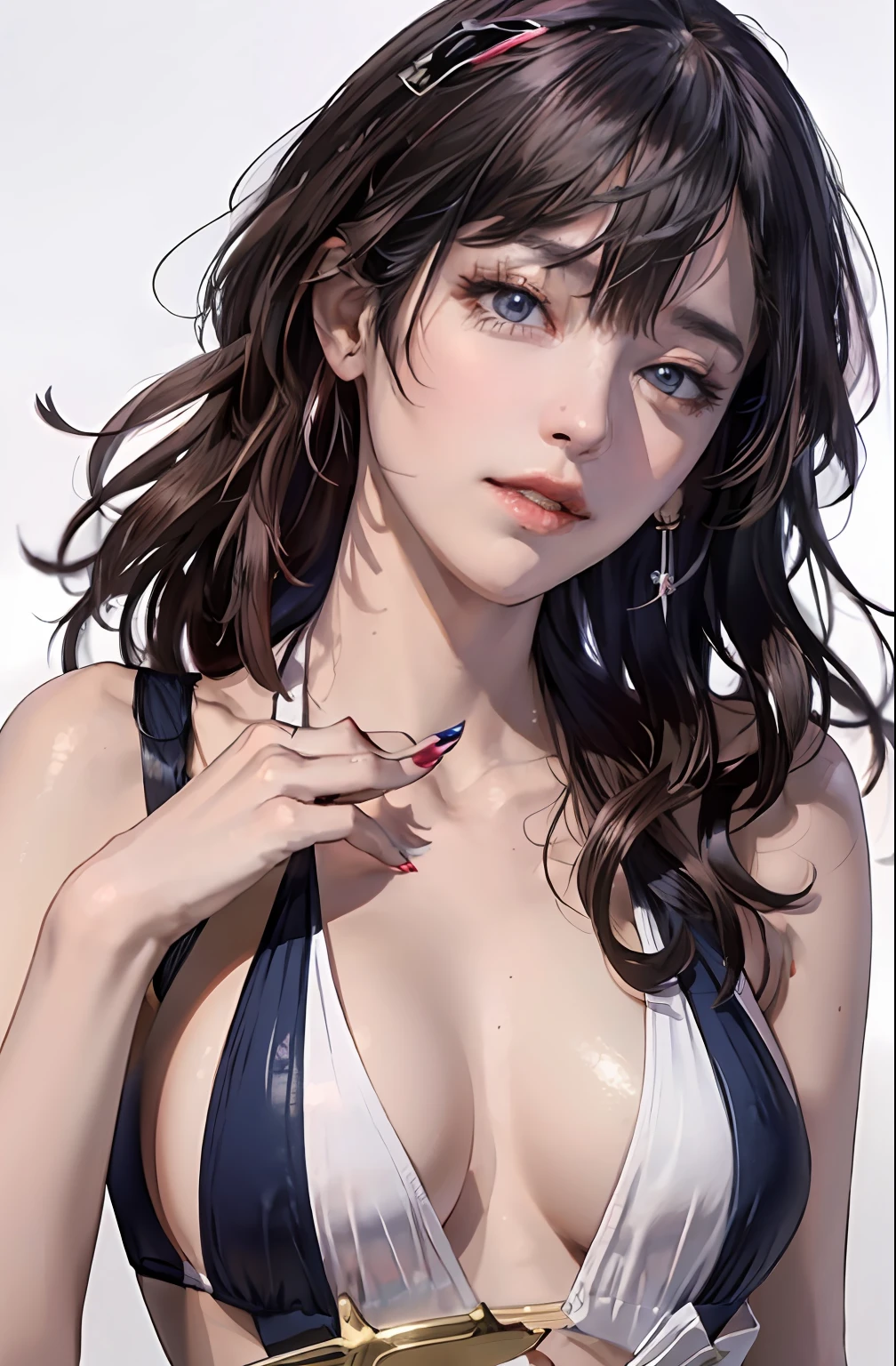 （tmasterpiece）， best qualityer， 1girll， middle finger， 独奏， eBlue eyes， brown  hair， The long-haired， nedium breasts， cparted lips， ，  jewely， looking at viewert， nipple piercing， nail polish，  Japanese swimsuit bikini