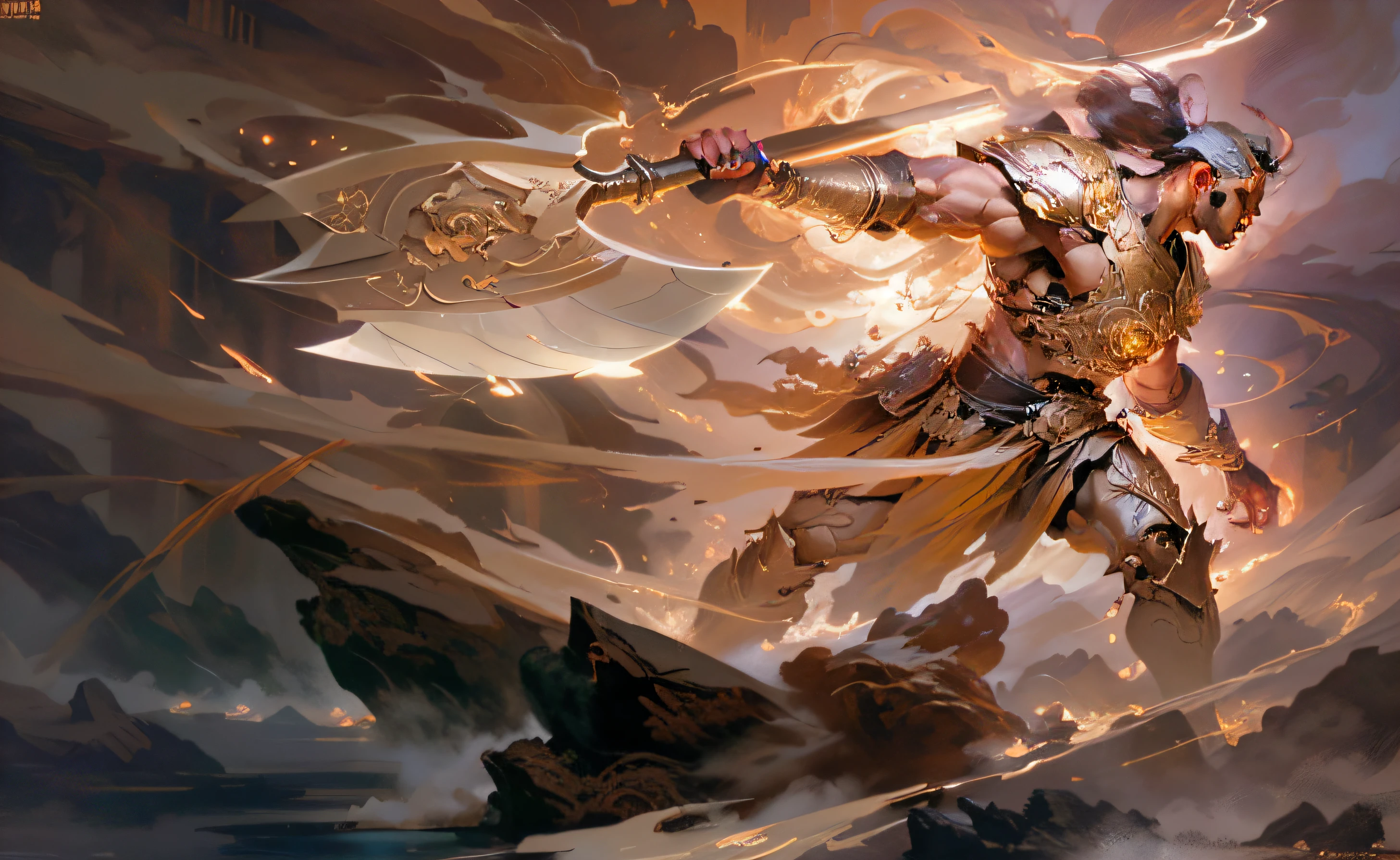 Draw a man with a giant axe with a long handle in his hand, a massive celestial giant god, Angry Pangu, Epic fantasy digital art style, The legendary god holds the Heaven-Opening Axe, An epic scene from Pangu, greek myth digital painting, epic fantasy digital art, Epic fantasy art style HD, epic fantasy painting, Muscular people, Anime epic artwork