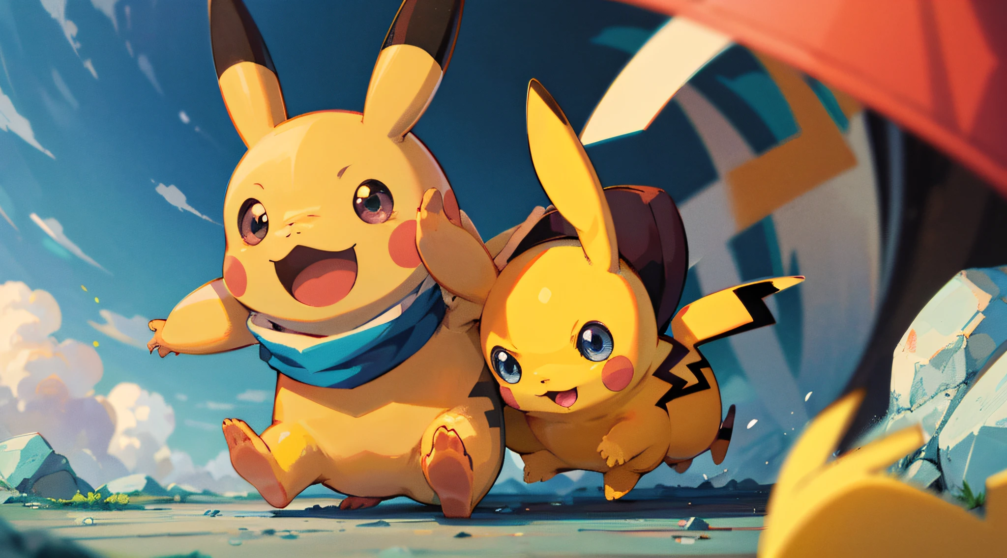 Pokemon GO Pikachu, illustration pokemon,  pokemon art style,  High-quality fanart, pokemon anime style,anime illustration，Pikachu，adolable，ssmile，squinty eyes，Pikachu in a hat，Four feet