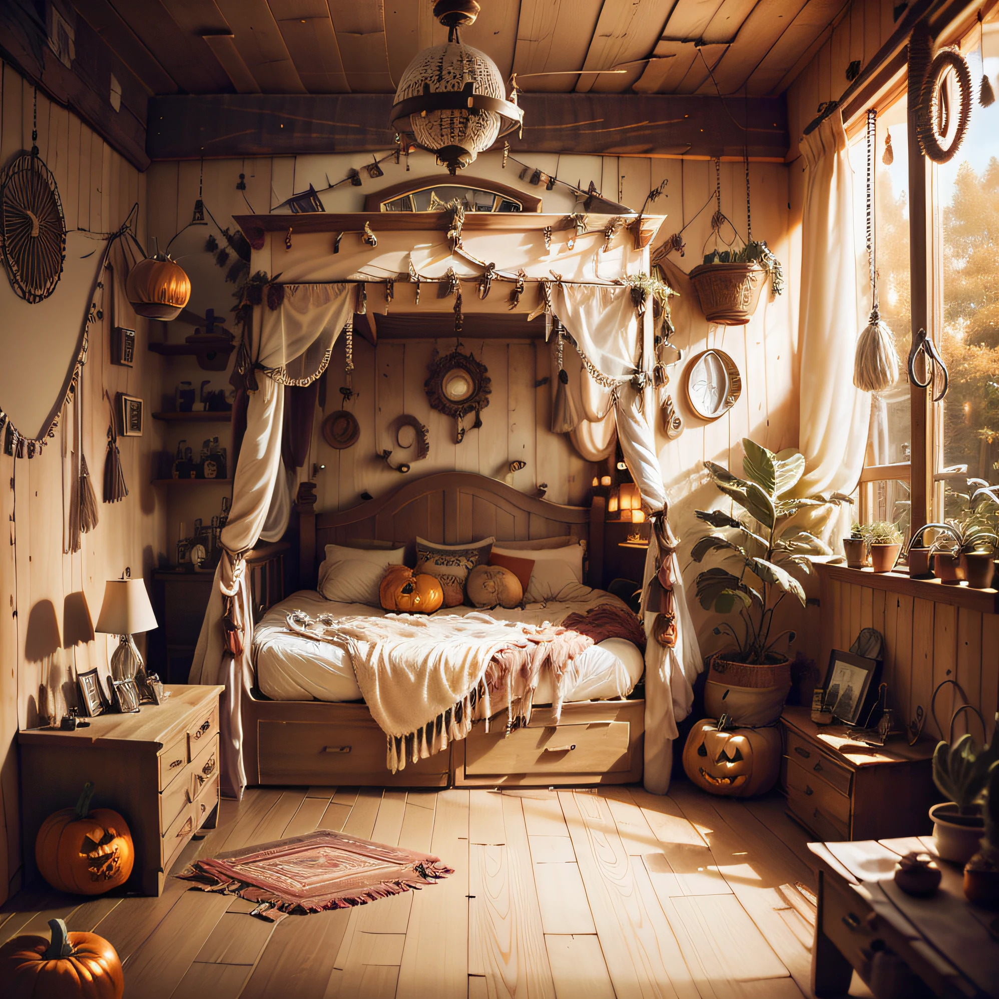 near bed，Halloween decorated house，Room with bed，There is a white wooden floor next to the bed，There is pumpkin decoration，Spider decoration，Vivid details，Photographic pictures，Nordic style，country style，White wooden floors，There are spiders on the ground --auto