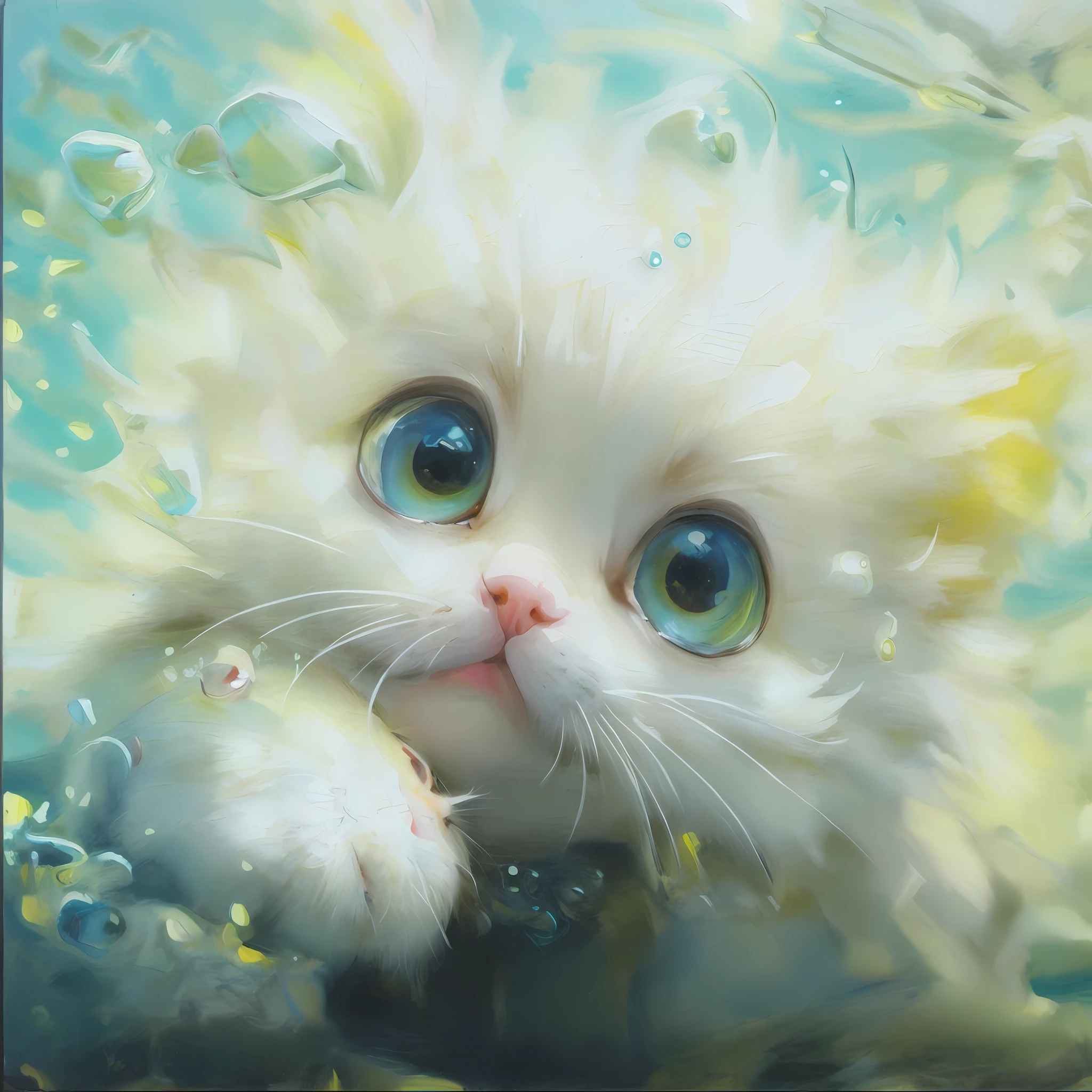 A little white kitten swimming underwater, eyebrows, smile, fantasy in Katsuhiro Otomo style, in realistic hyper-detail rendering style, glow, yellow blue, ultra-realistic oil painting, head close-up, exaggerated perspective, Tyndall effect water drops, pearlescent mother-color, holographic white, realistic---s400