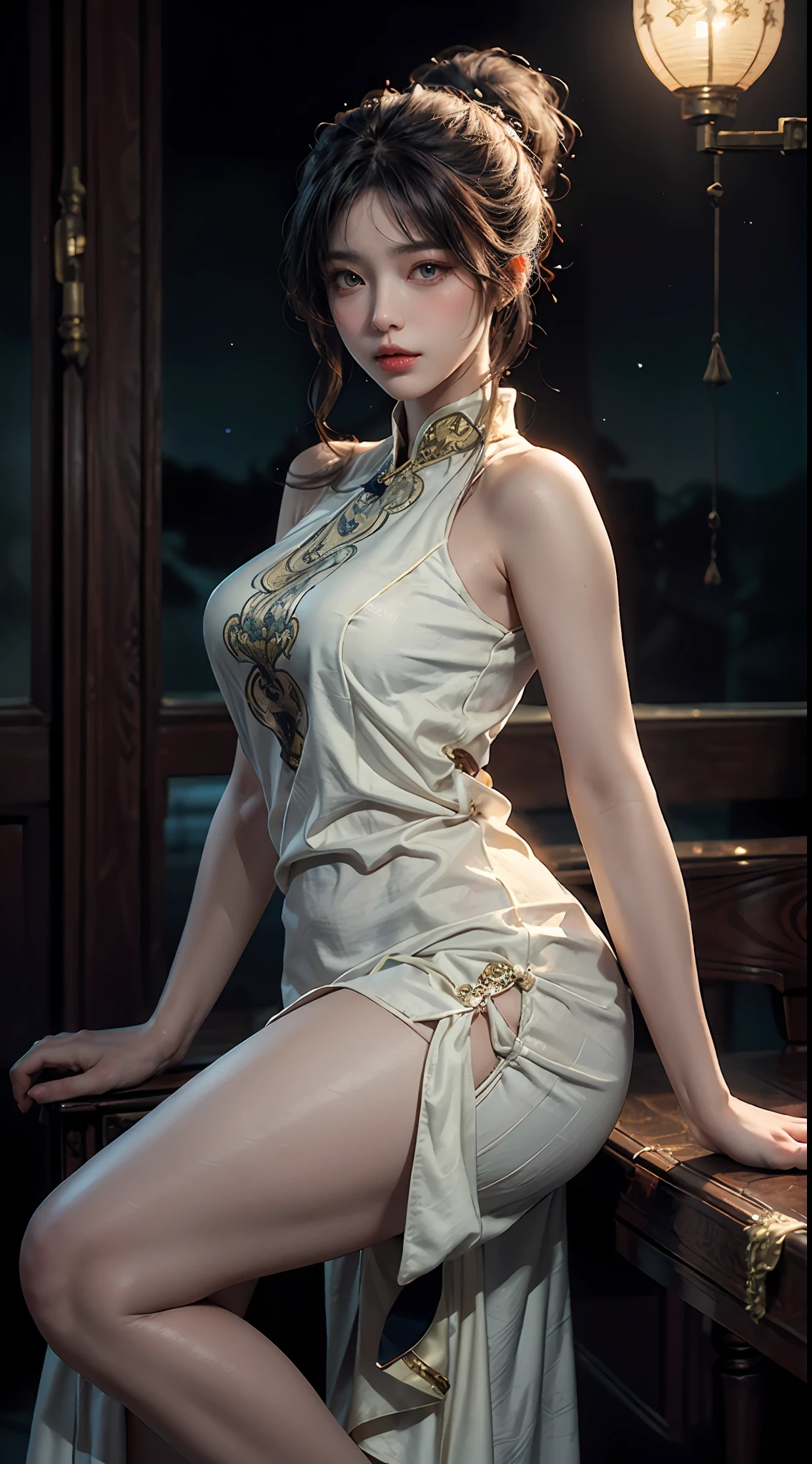 Art depicts a charming woman，Dressed in a flowing manner、Silky traditional oriental dress，white colors，Decorated with intricate patterns and bright colors。Her sexy seductive dress drapes elegantly over her curvy figure，Highlights her seductive silhouette。She stood gracefully in the quiet moonlit night，bathed in the soft glow of the moonlight。The scene exudes an ethereal and dreamy atmosphere，With a touch of mystery and sexiness。The image style incorporates watercolor and digital illustration techniques，It evokes a refined beauty and charm。The lights are filled with soft moonlight，casting soft highlights and shadows on her charming features。