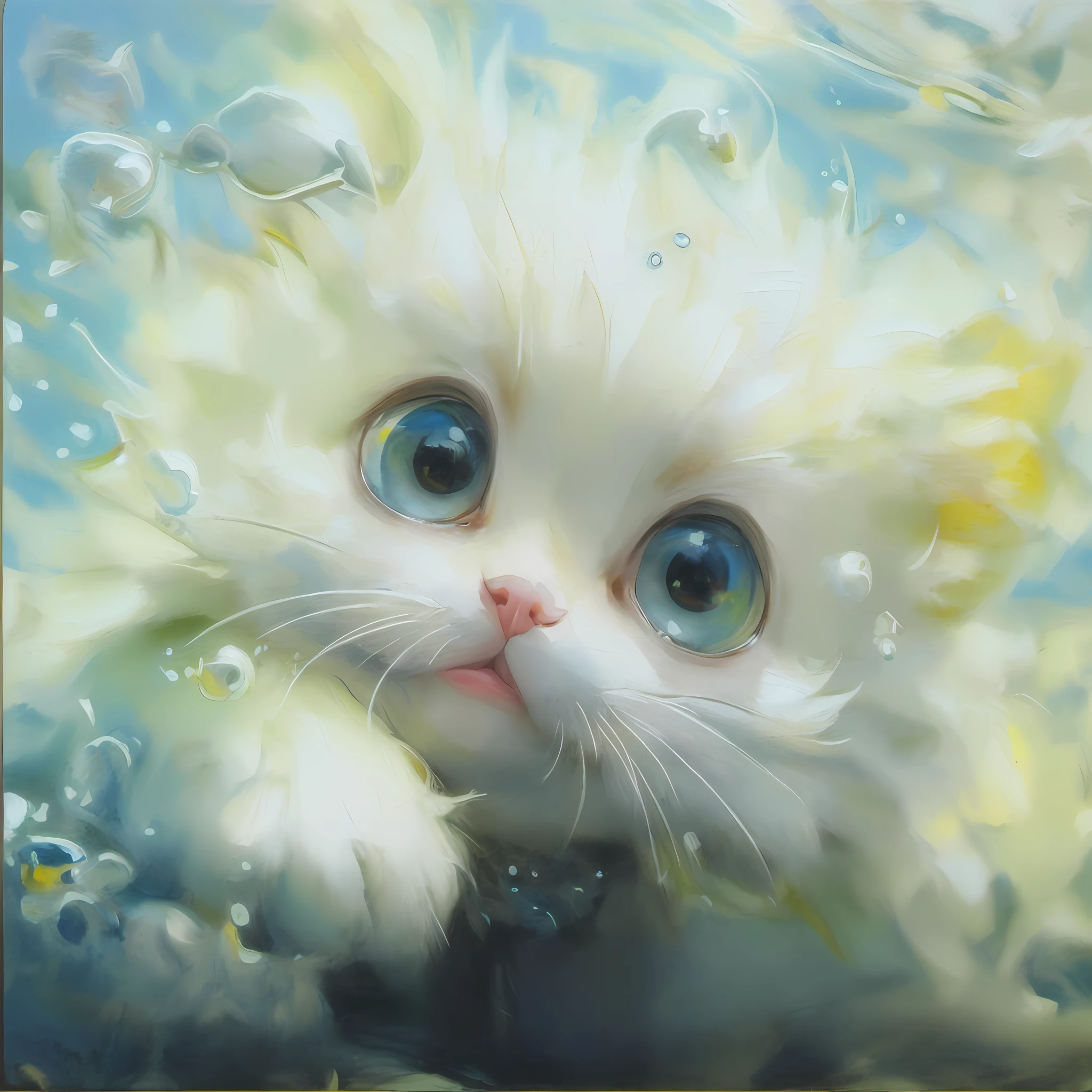 A little white kitten swimming underwater, eyebrows, smile, fantasy in Katsuhiro Otomo style, in realistic hyper-detail rendering style, glow, yellow blue, ultra-realistic oil painting, head close-up, exaggerated perspective, Tyndall effect water drops, pearlescent mother-color, holographic white, realistic---s400