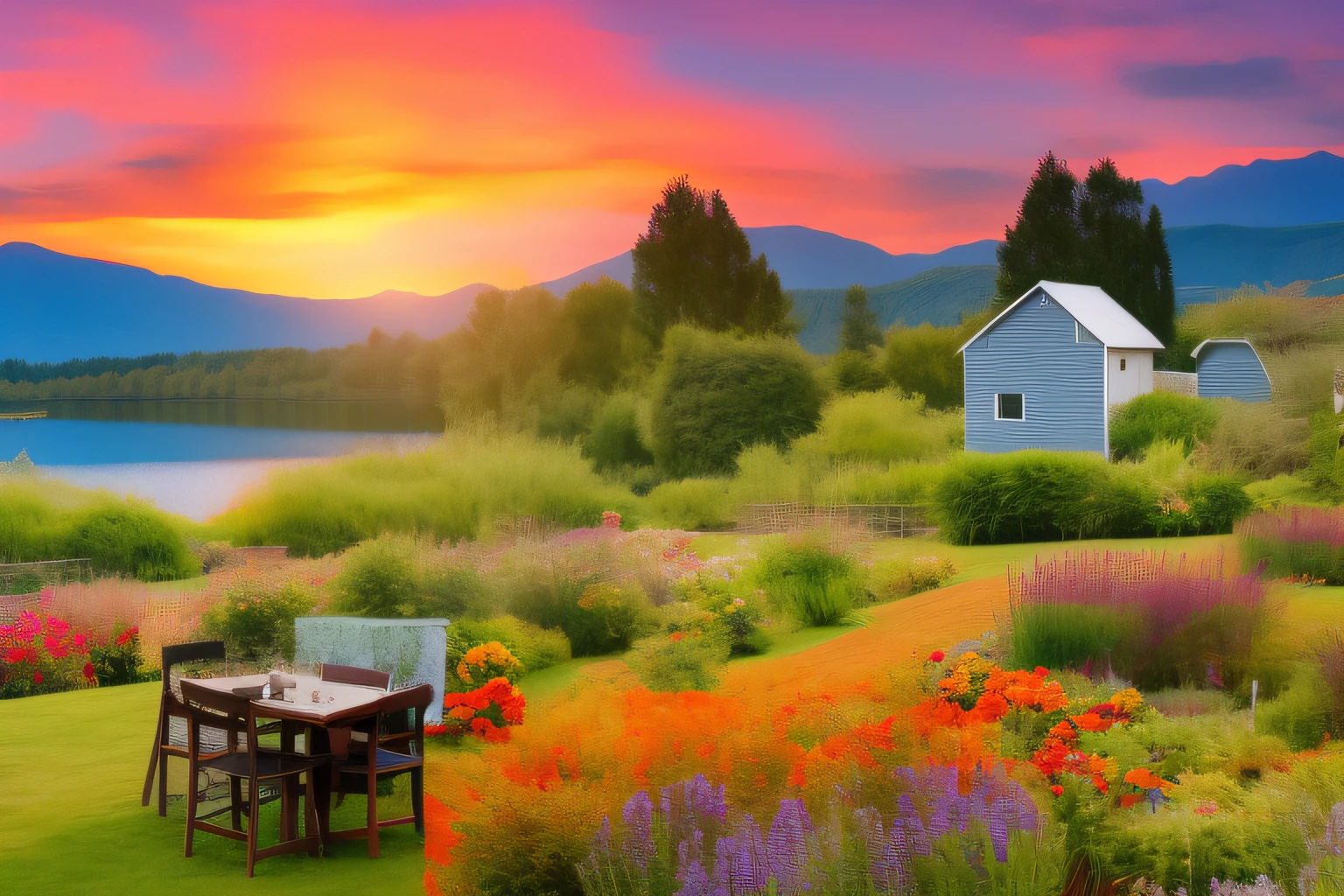 a farm house having a flowered garden near a lake, wooden table and chair on the garden to sit, mountains behind the farm house, a family sitting on garden, flowers, sunset, 4k