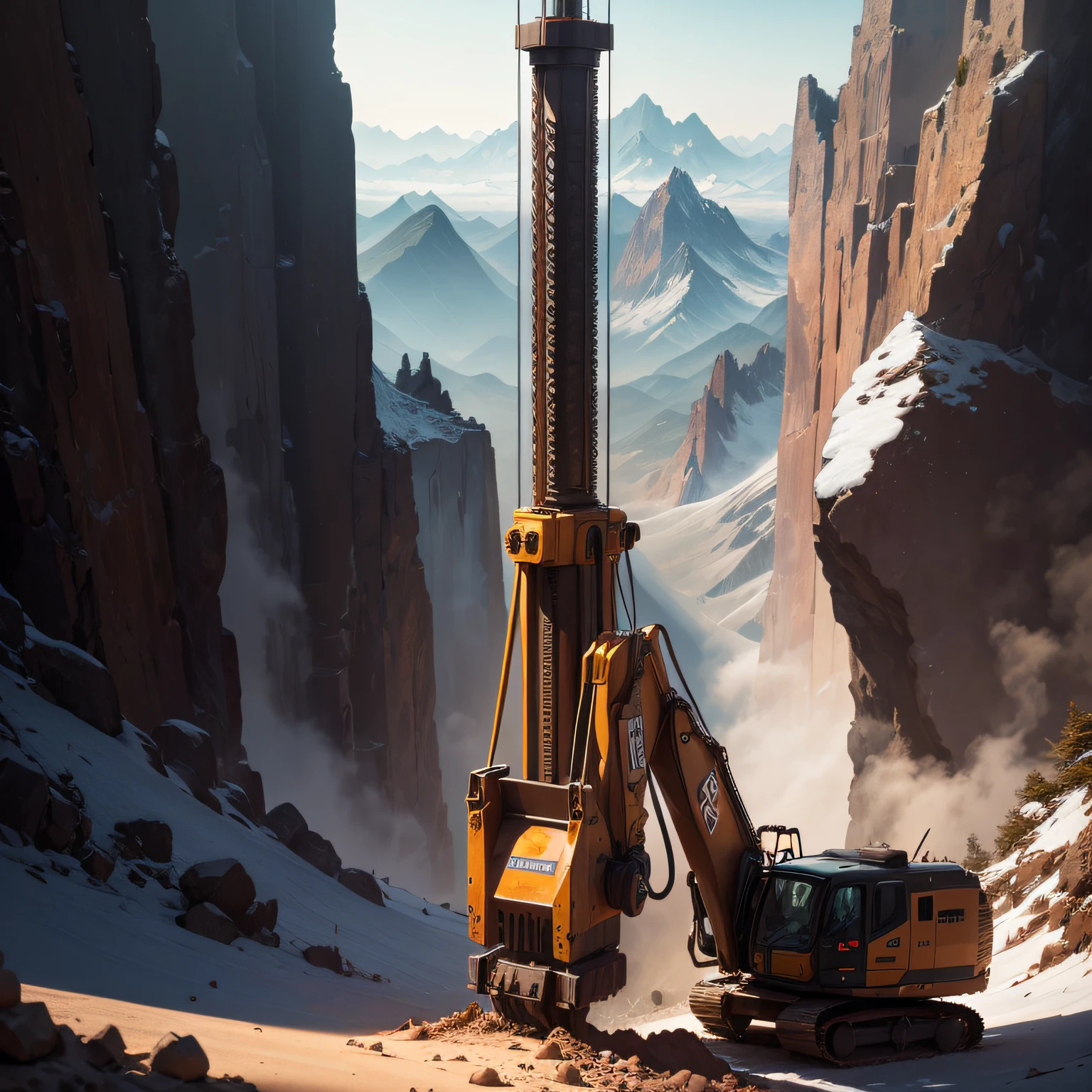 Help me draw a scene where a drill is being drilled,Someone is required to have a machine,onthe mountain,Realistic style --auto