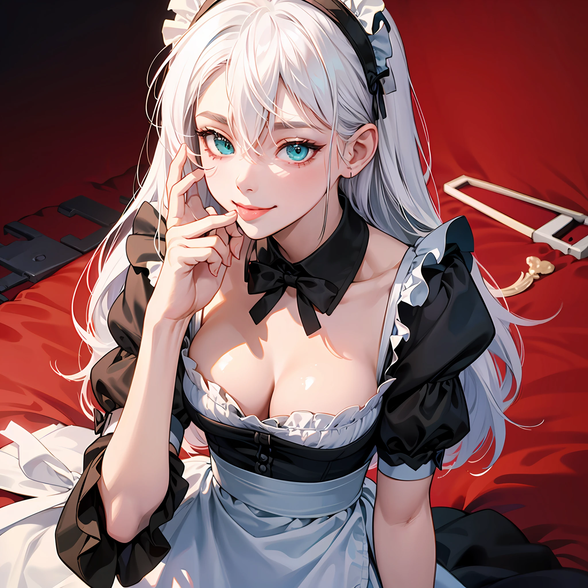 nedium breasts, white hair, maid headdress, maid headdress, aqua eyes, licking lips, seductive smile, naughty face, Surrealism, anime style, depth of field, 8k, super detail, high details --auto