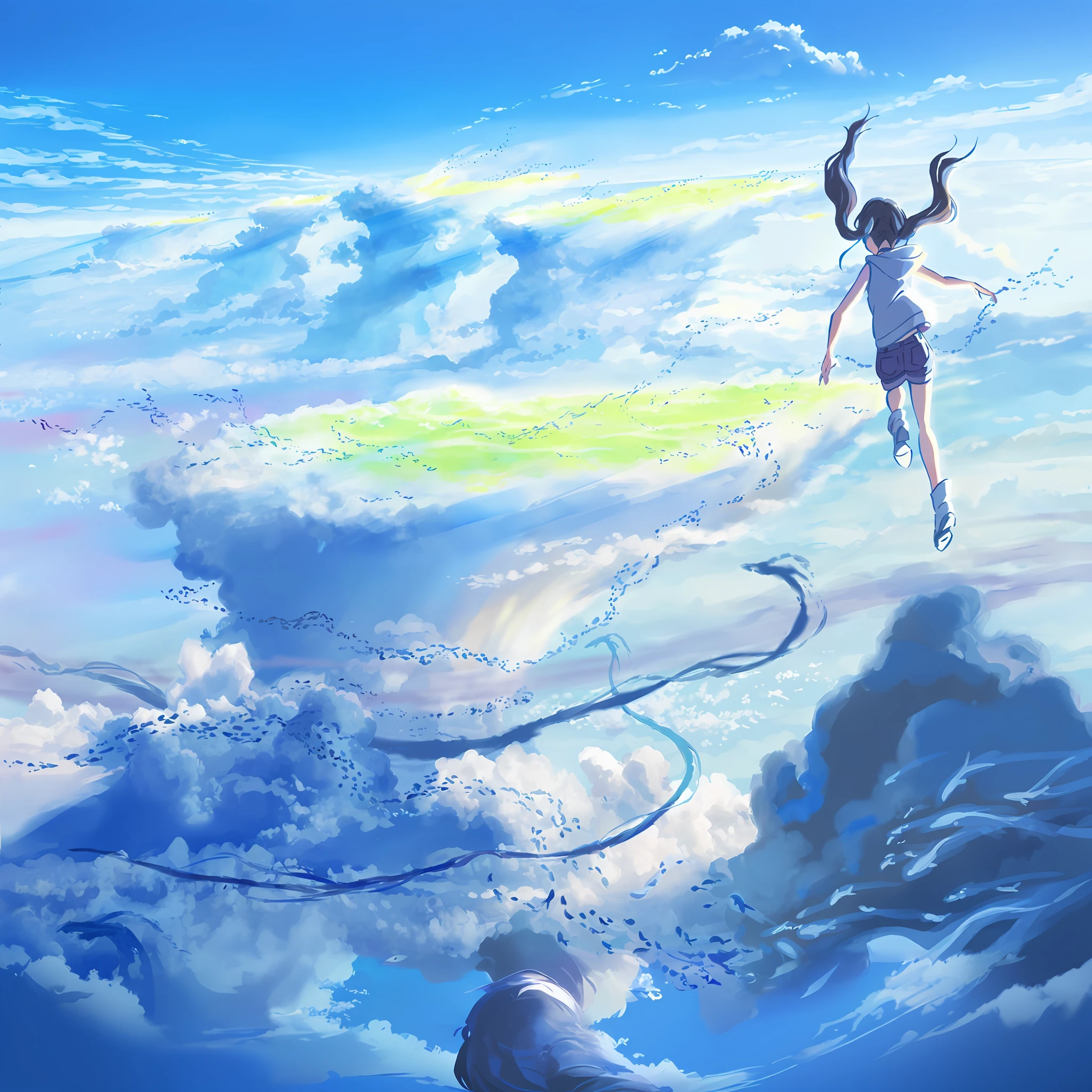Anime girls flying in the sky，There are kites overhead, Makoto Shinkai Cyril Rolando, Makoto Shinkai!, Anime Cloud, beautiful anime scenes, makoto shinkai art style, Makoto Shinkai!!, Anime girl walking on water, the anime girl is running, anime movie backgrounds, Anime art wallpaper 8 K, ( ( Makoto Shinkai ) )