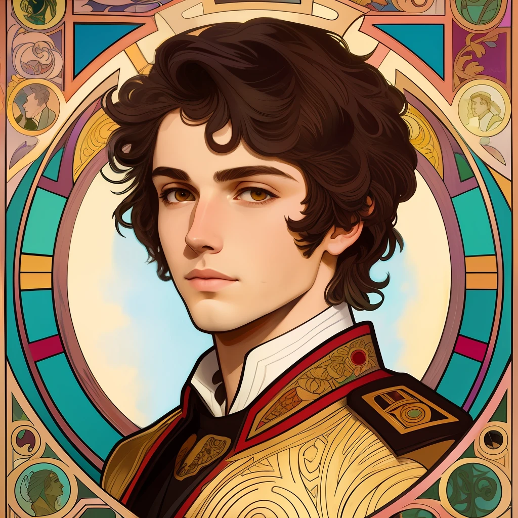 Facial portrait of a young European male，the emperor，brunette color hair，Floral frame，Decorative panels，abstract artistic，Alphonse Mucha（tmasterpiece，best qualtiy，A high resolution：1.4），A detailed，complexdetails，4K，splash of color，line art，Fibonacci,