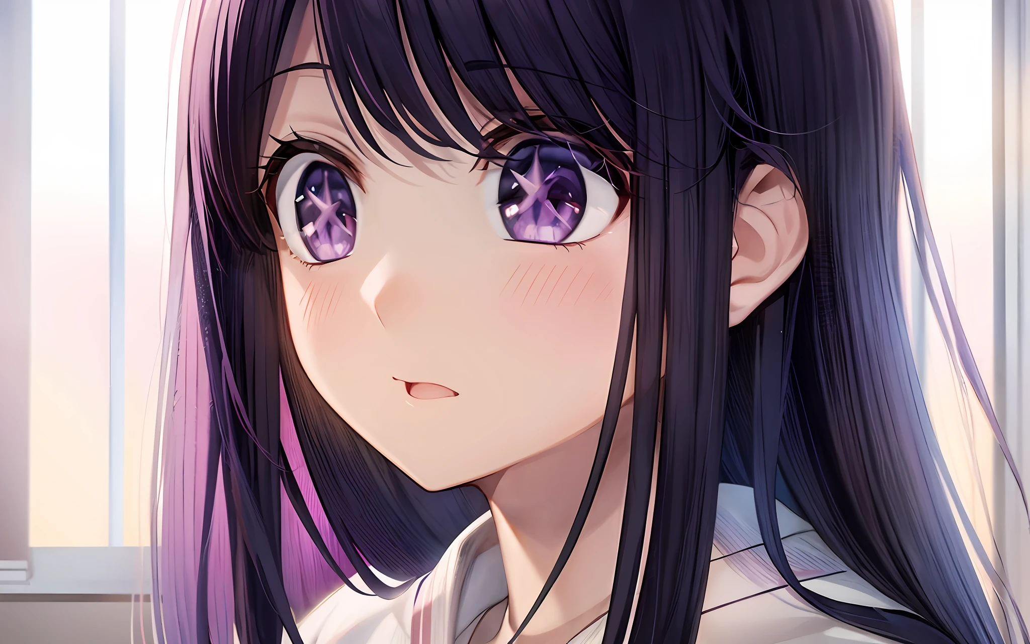 anime girl with long purple hair and purple eyes staring at something, with huge luminous sad eyes, close up iwakura lain, it has a piercing gaze, nagatoro, still from tv anime, tsurime eyes, hyuga hyuga, anime visual of a cute girl, 2 0 1 9 anime screenshot, close up of a young anime girl