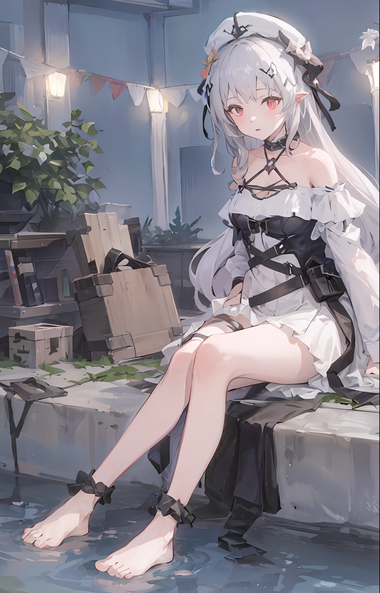 anime girl sitting on a stone ledge in a pool, From Arknights, from girls frontline, Fine details. Girl Front, girls frontline style, azur lane style, A scene from the《azur lane》videogame, Guviz, cute anime waifu in a nice dress, Guviz-style artwork, Girls Frontline CG, 《azur lane》role