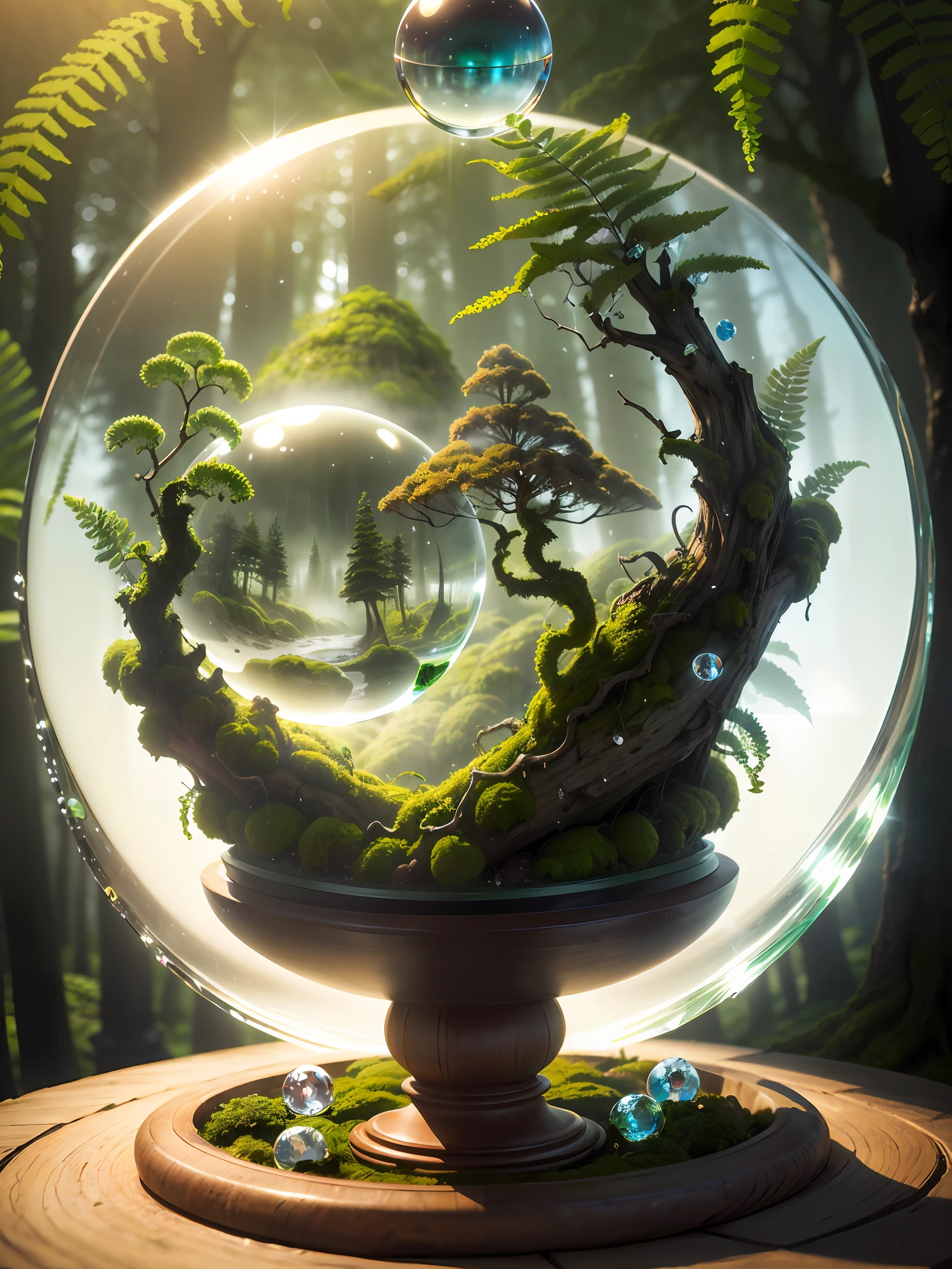 Hyper-realistic、16K High Resolution、Large-scale、(Maximum Sharp Focus:1.3)、(Maximum Close-up:1.5)、(Foggy forest trapped in a crystal ball with pedestal on table:1.4)、(moss、ferns:1.5)