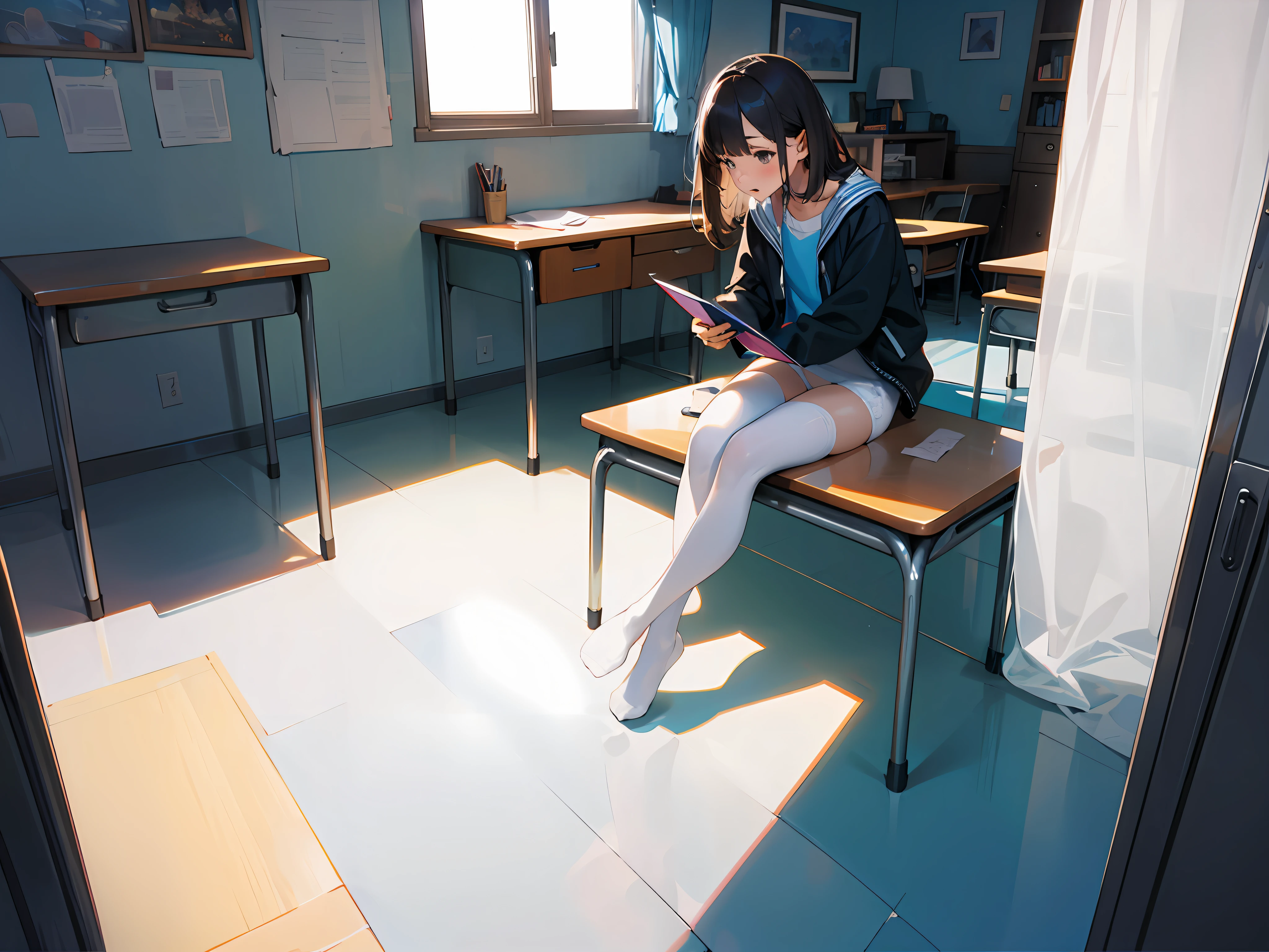 s girl，inside in room，White stockings，Blue and white underwear，facing to audience，desks，Write homework，photorealestic，Realiy，No shoes，