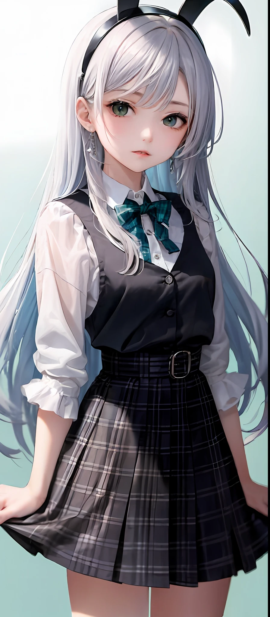 1girl, (masterpiece:1.1), (best quality:1.1), (white blouse:1.1), (plaid skirt:1.1), school uniform, high waist skirt, BREAK [blue:pink:0.5] theme, (gradient background:1.1 ), cowboy shot, BREAK silver hair, long hair,, green eyes, delicate headgear, looking sideways,