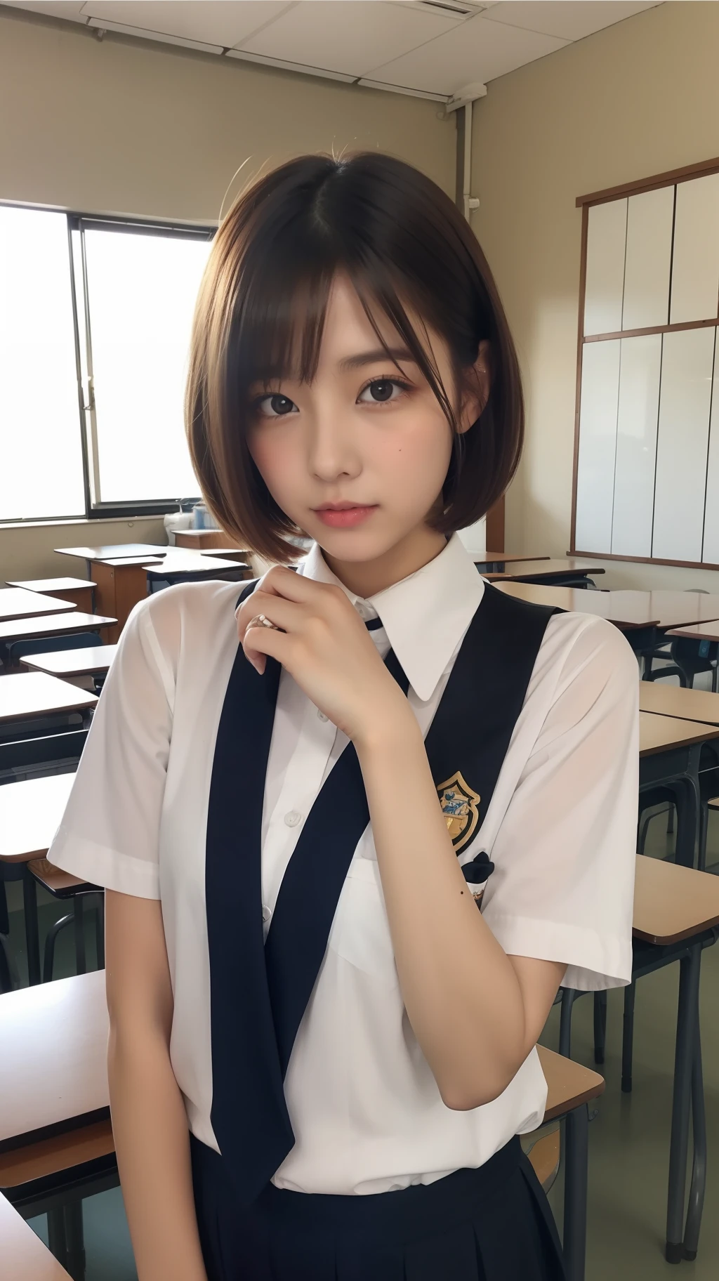 japanaese girl、a beauty girl、Shorthair、Student uniform、eye glass、Classroom、idol