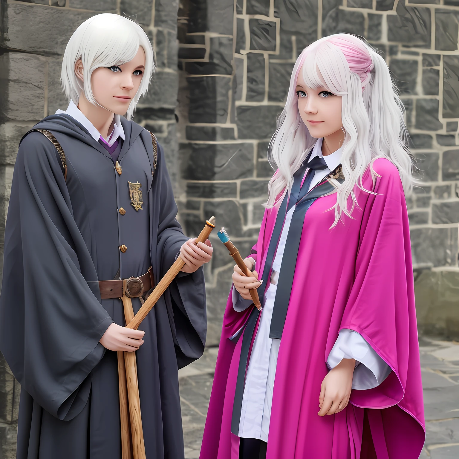 Kizi,eBlue eyes,White color hair,Pink pick dye,Black wizard robes,wands,Hogwarts,magia,tmasterpiece,The upper part of the body,super high image quality。