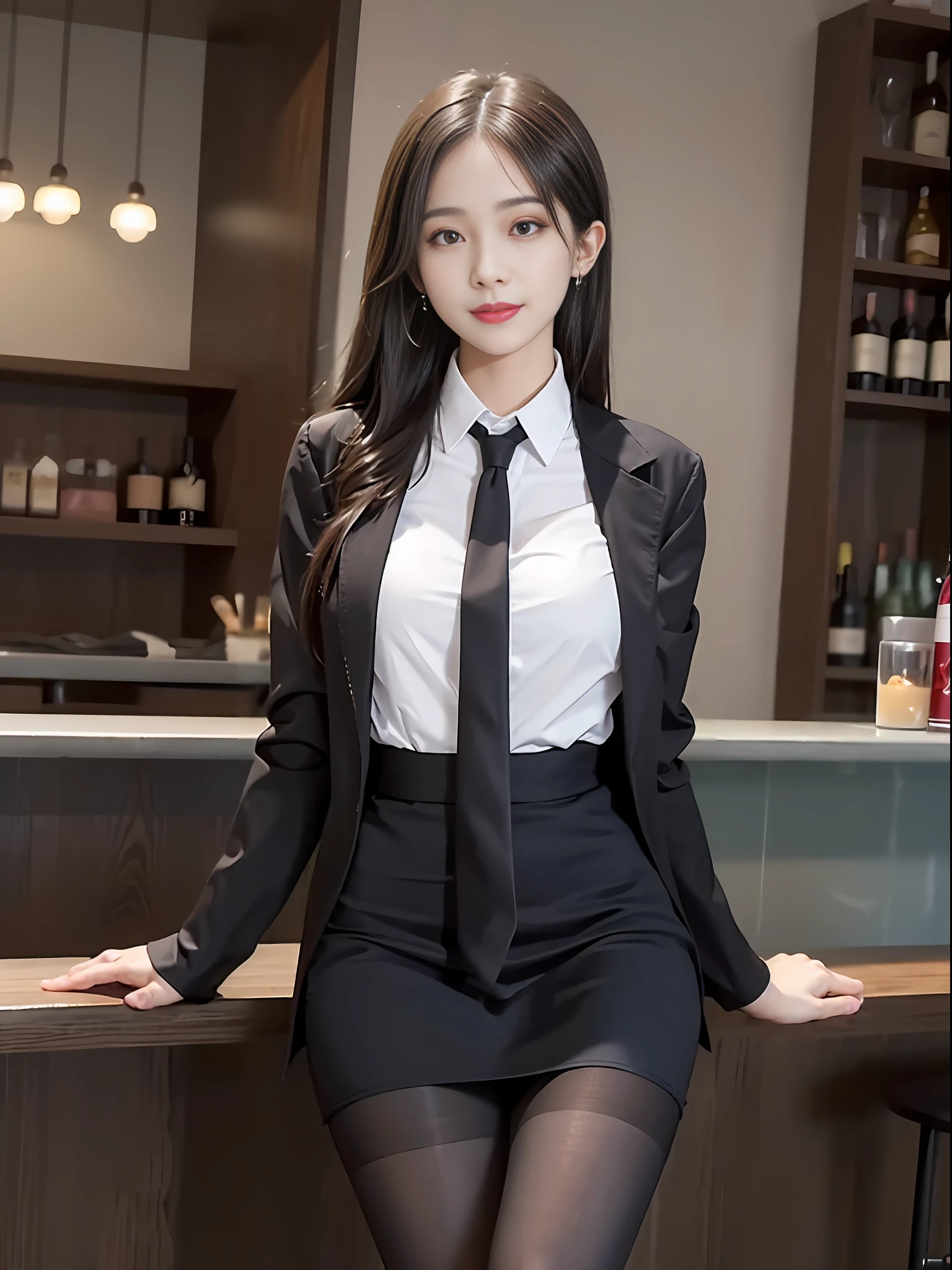 Exquisite, masterpiece, beautiful details, colorful, delicate details, delicate lips, intricate details, large breasts, 1 female, (a beautiful 20-year-old cute Korean woman: 1.1), (kpop idol, Korean mixed), (50mm Sigma f/1.4 ZEISS lens, F1.4, 1/800s, ISO 100, photograpy:1.1), (brunetize: 1.2), (photorealistic:1.4 ), (SPY:1.2), (Open Jacket,Shirt, Skirt,Tie,Black Pantyhose,Christian Louboutin\(Brand\),:1.3), Earrings, Necklace, Armbands, (Tavern, Bar:1.2), (Beautiful Legs, High Girl, Skinny, slim_legs, thigh_gap, Model:1.2), Lens flare, viewed from the front, (Happy smile: 1.1), dynamic pose, (makeup: 1.2), sitting on a bar stool,