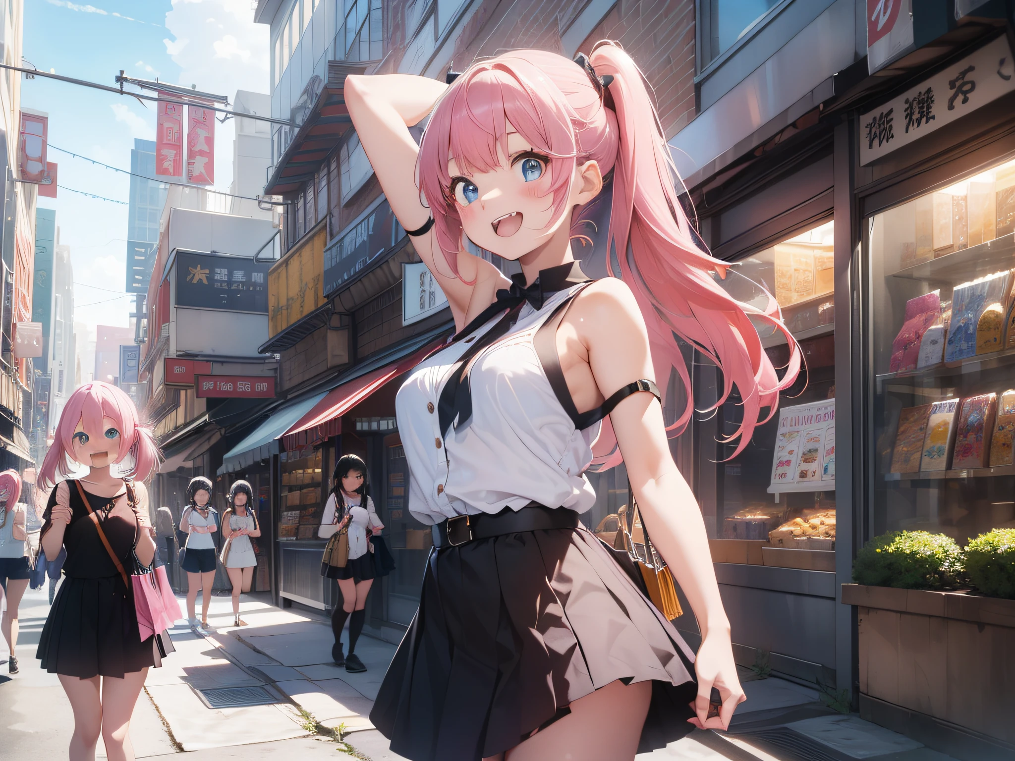 ((masterpiece))、((top-quality)、(Super Detail)、in 8K、Delicate depictions are filmed in anime style,
brea,
high quarity,Hyper-Resolution,Detailed,(cute girl laughing with friends:1.2),blurry watercolor,(3D Modeling:0.65),July,early summer,
Blair K,
((Pink hair, Twin-tailed,Blue eyes)),( fullllbody)),Elegant smile,
white streaked blonde,Sleeveless、a miniskirt、Skirt flutters in the wind
sharp,Round butt,
Blair K,
shopping