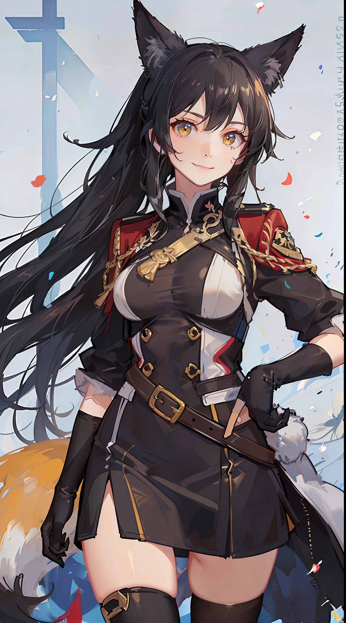 Adult woman, Long black hair, high ponytail, Fox ears, Foxtail, The left eye is yellow, Red right eye, Combat uniform, Smile, Masterpiece, hiquality