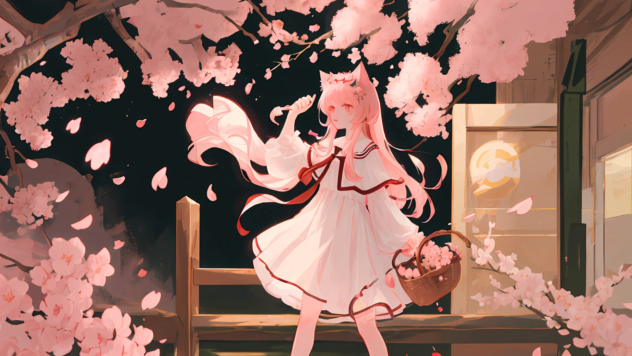 8k,Cat ear hair accessories,Beautuful Women,Tall and tall,A pink-haired,Falling cherry blossoms,Skin whitening,white dresses