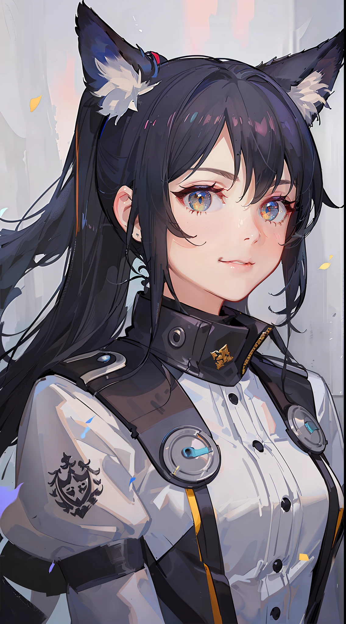 Adult woman, Long black hair, high ponytail, Fox ears, Foxtail, The left eye is yellow, Red right eye, Combat uniform, Smile, Masterpiece, hiquality