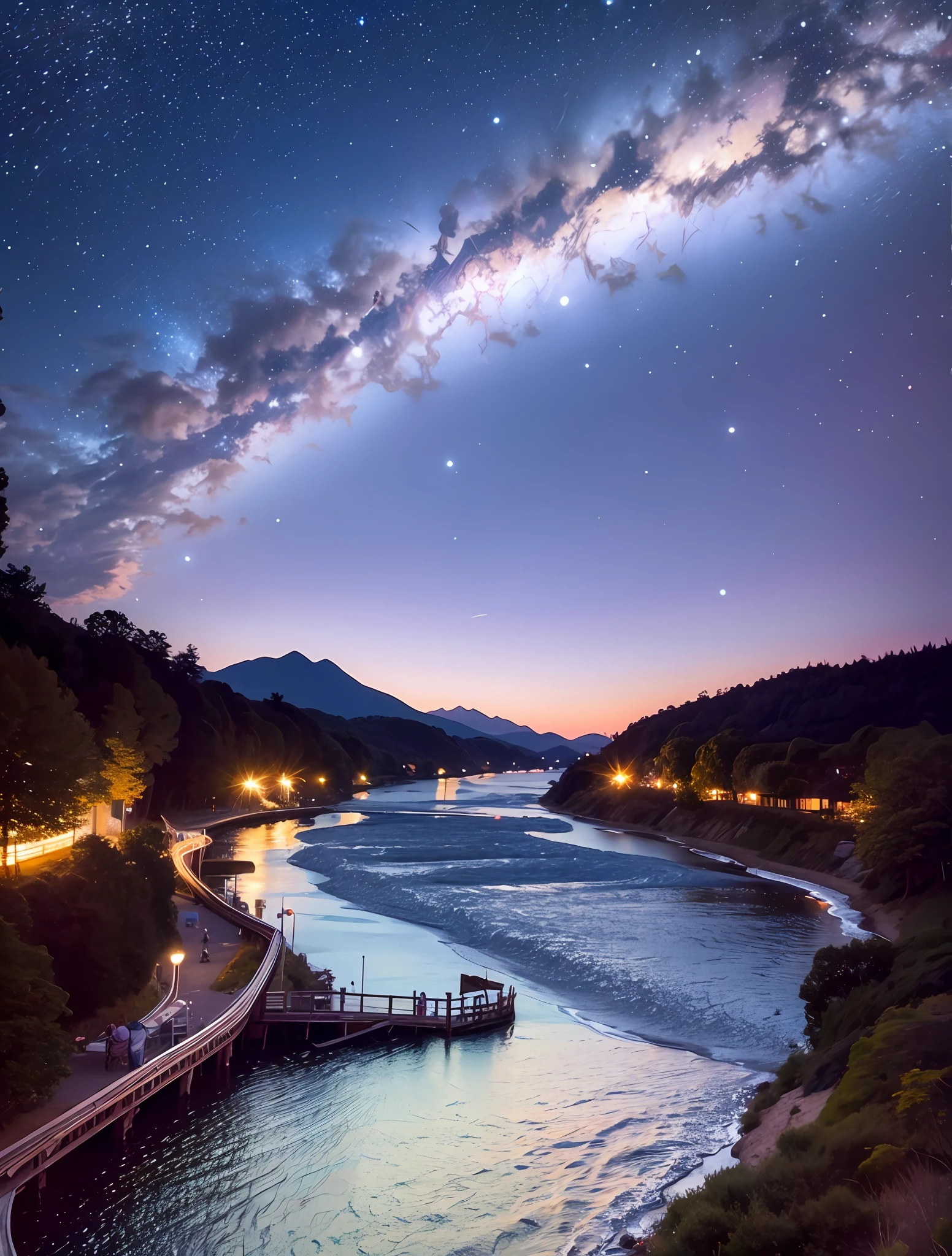 Magnificent looking up one eye purple sky starry river