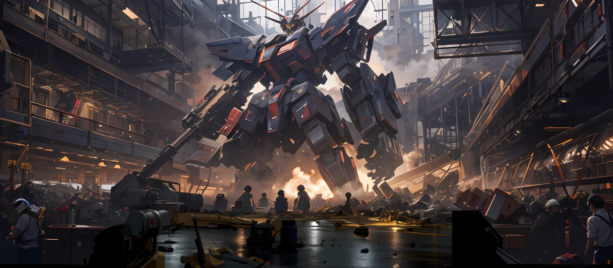 (masterpiece), best quality, ultra-detailed, extremely realistic 8K CG Illustration, features a construction site for the impressive "Gundam Factory" and "Robot Factory" where a giant mecha is being built, some parts are missing, dynamic angle, dynamic lighting, wide shot, futuristic, high-tech, machine, robots, heavy machinery, industrial. Huge industrial space