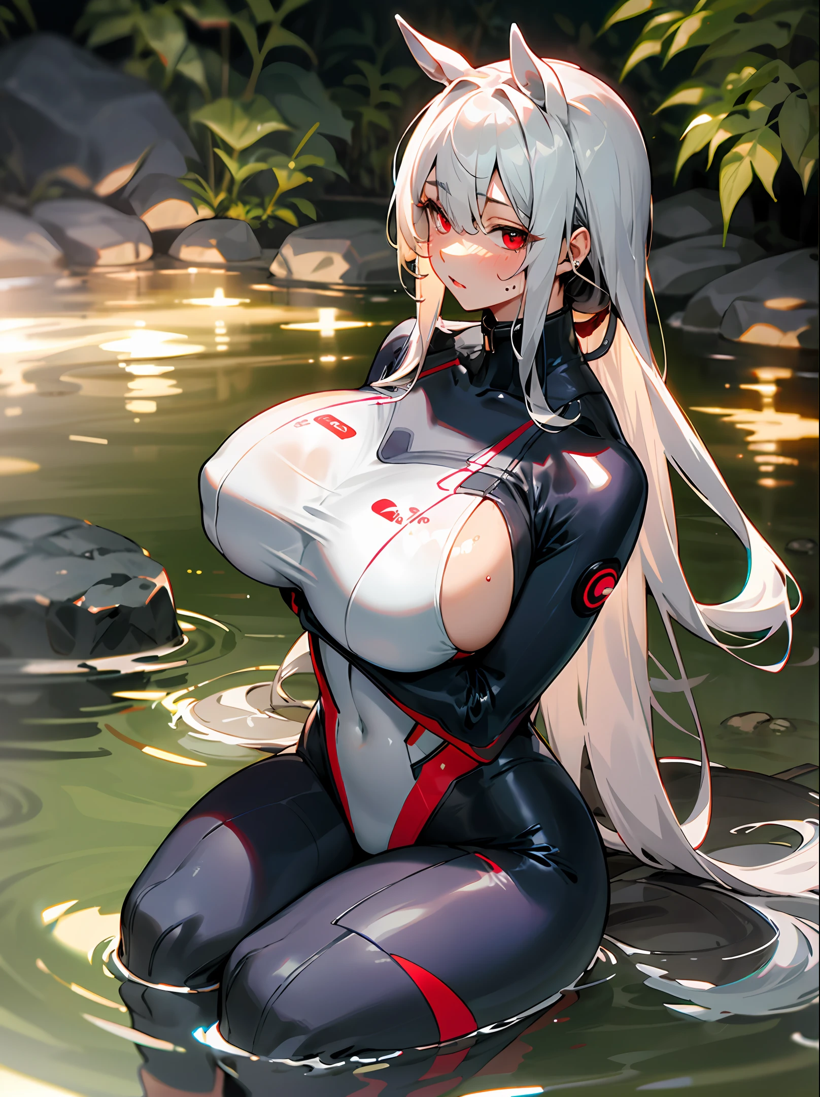 tightsuit，huge tit ，Earphone，sliver long hair，dual horsetail，Sit on your knees，hot onsen，Red double eyes，soggy，pee stain