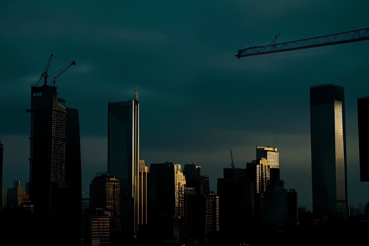 Araved view of the city skyline,There are cranes in the foreground, looming over a city, dark cityscape, towering over a city, tall buildings in background, Photo of futuristic cityscape, skyscrapers in the distance, Skyscrapers in the background, urban skyline, Hard and sturdy construction, morning dramatic cinematic light, Dramatic architecture, skyline showing,The vista has huge planetary engines