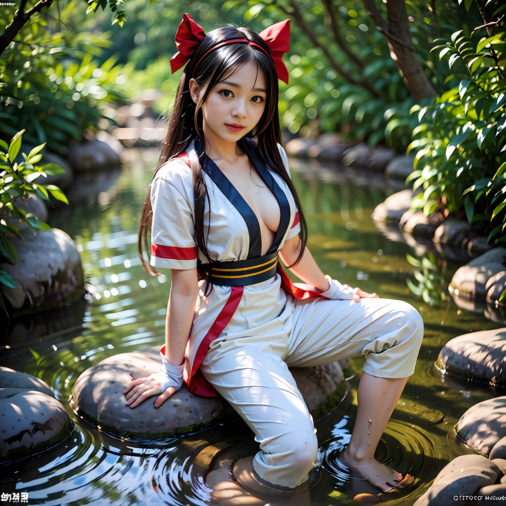 masterpiece、high - res、beste-Qualit、(a photorealistic:1.4)、1人, Clear stream deep in the mountains、falls、Bathing in water、Nakoruru, light smile, Official art,Red bow, the bow, length hair, Hair Bow, Wet clothes、Wet skin、ainu clothes, 独奏, Hair Band, a bird, Black-haired, Fingerless gloves, shortsleeves, gloves, Underpants, bangss, red hairband, Brown-eyed, White pants, Komono, (Small breasts、Chest exposure、bare footed、bare-legged:1.5)、Dramatic lighting and shadows、Solar flares、lensflare、Blurred foreground、(Film Lighting)、Soft lighting、dinamic angle、cinematlic lighting、Dynamic angles