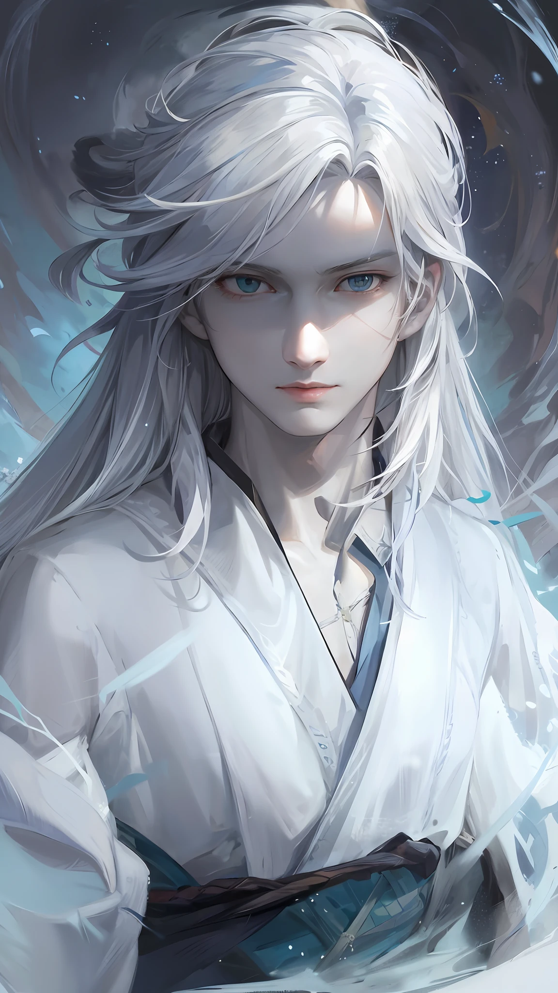 Anime girl with white hair and blue eyes wearing white clothes, white-haired god, with long white hair, long white hair, Tall anime guy with blue eyes, white haired Cangcang, handsome guy in demon killer art, detailed anime character art, Flowing white hair, heise jinyao, Inspired by Bian Shoumin, detailed white long hair, White-haired