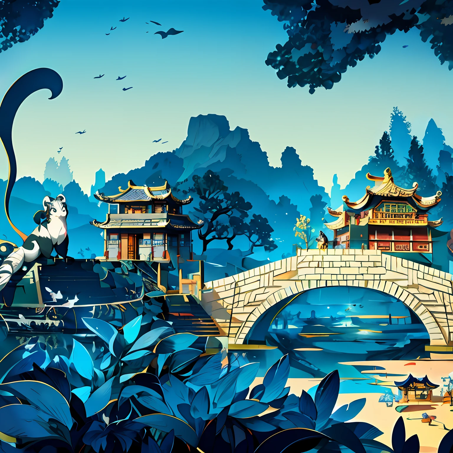 Illustration of a long-tailed lemur sitting on a roof,There is a bridge, Fantastic Chinese minority Tujia town, Chinese village, artwork in style of sheng lam, author:Qu Leilei, Chinese landscape, author:Yi Renwen, author:Xia Gui, author:Yu Zheding, artwork in the style of z.Show on the. gu, author:Cui Zizhong, inspired by Tom Whalen