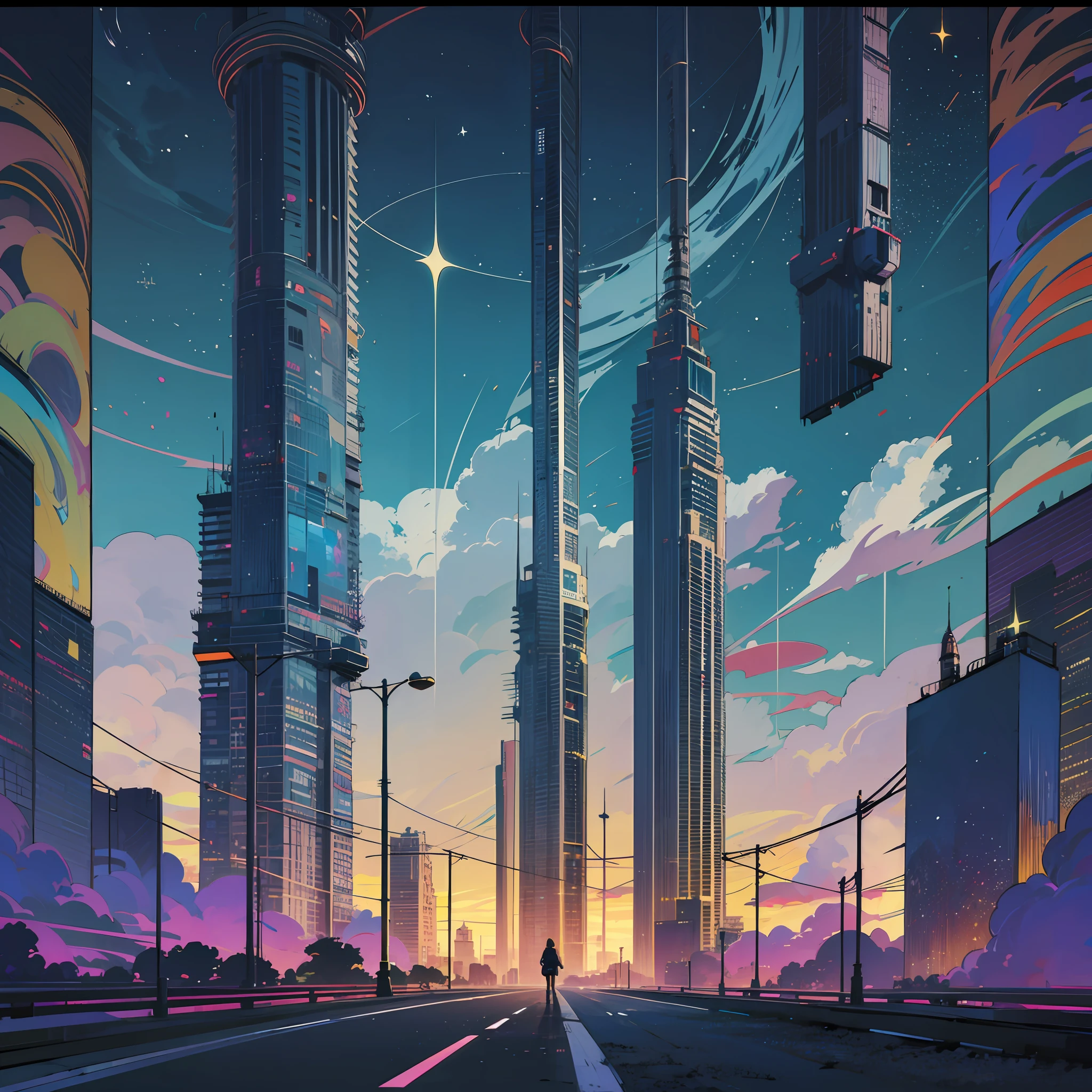 uma cidade futuristica, varias estrelas, Arte Lofi,