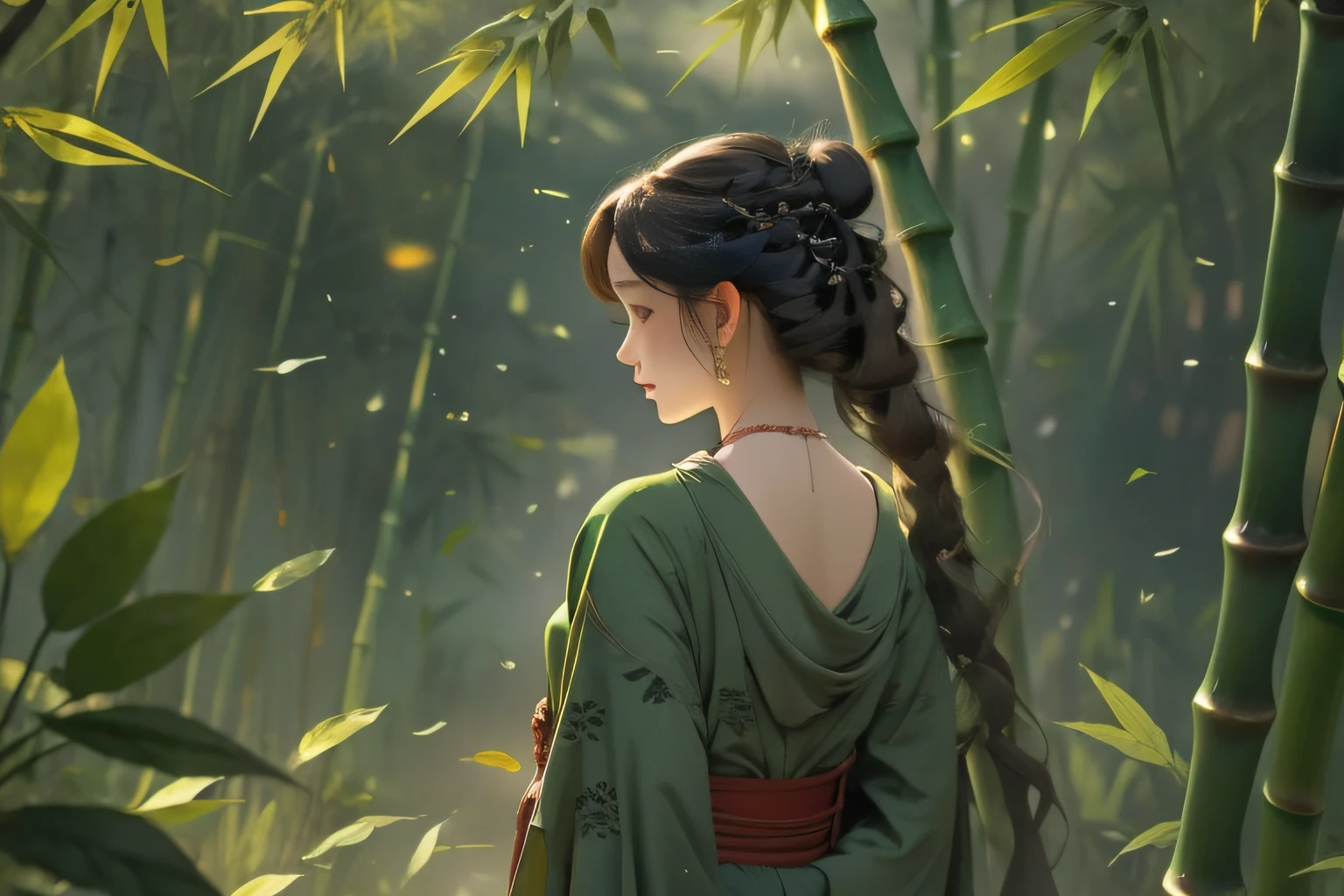 The bamboo branches swayed wildly，Pieces of bamboo leaves soared into the air，The girl in the green dress walked into the distance， Back view