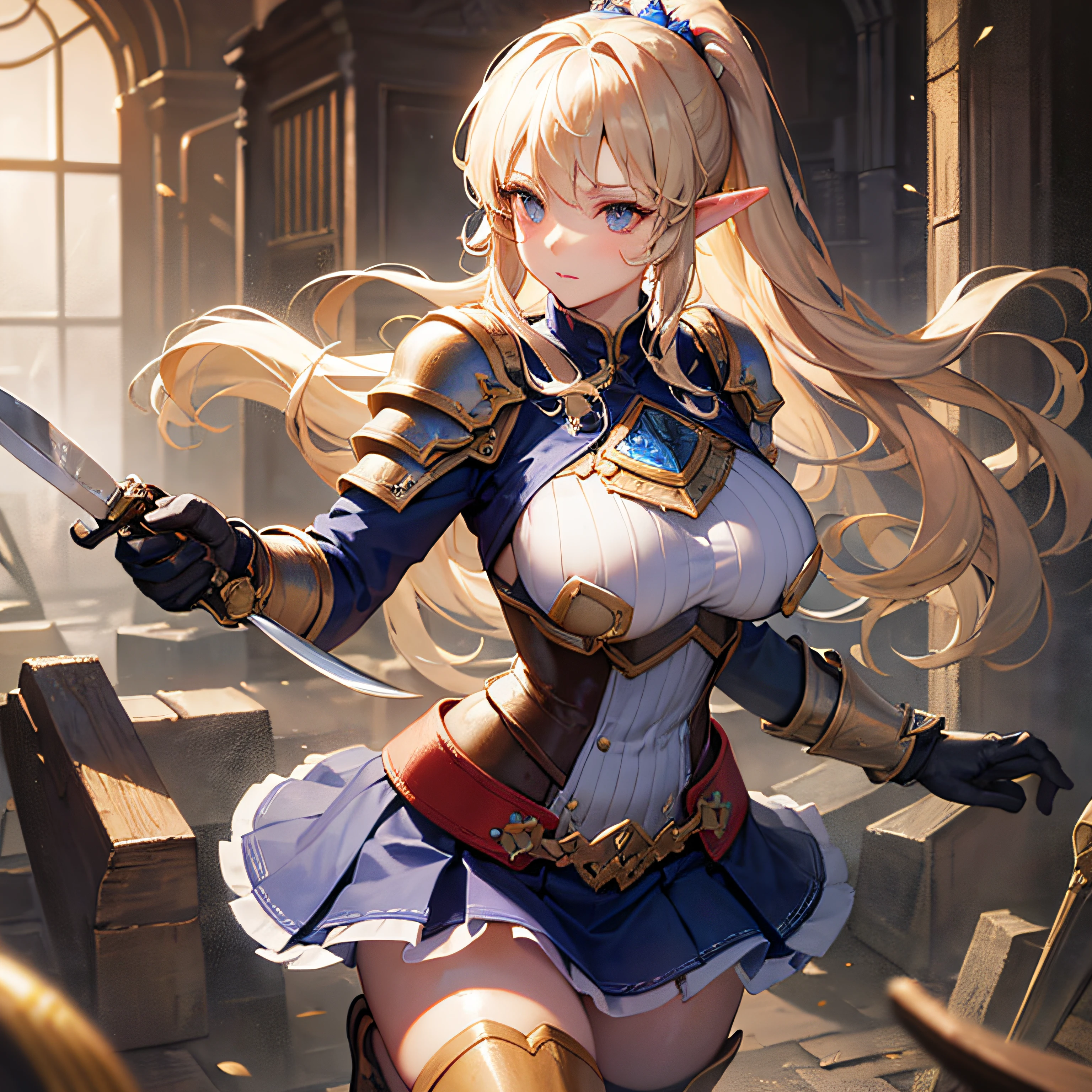 Elven female knight,Perfect slim body,Mature royal sister face,Double ponytail curls,Knight armor,Sensual and alluring,Refined looks,Full body like,4K quality,Feminine expression,is shy,Star-like deep eyes,large tities,A short skirt,Knife pulling posture。Large bust,Fight Warcraft,speed-line,Best quality at best,tmasterpiece,Magnificent background,On the battlefield,Rags