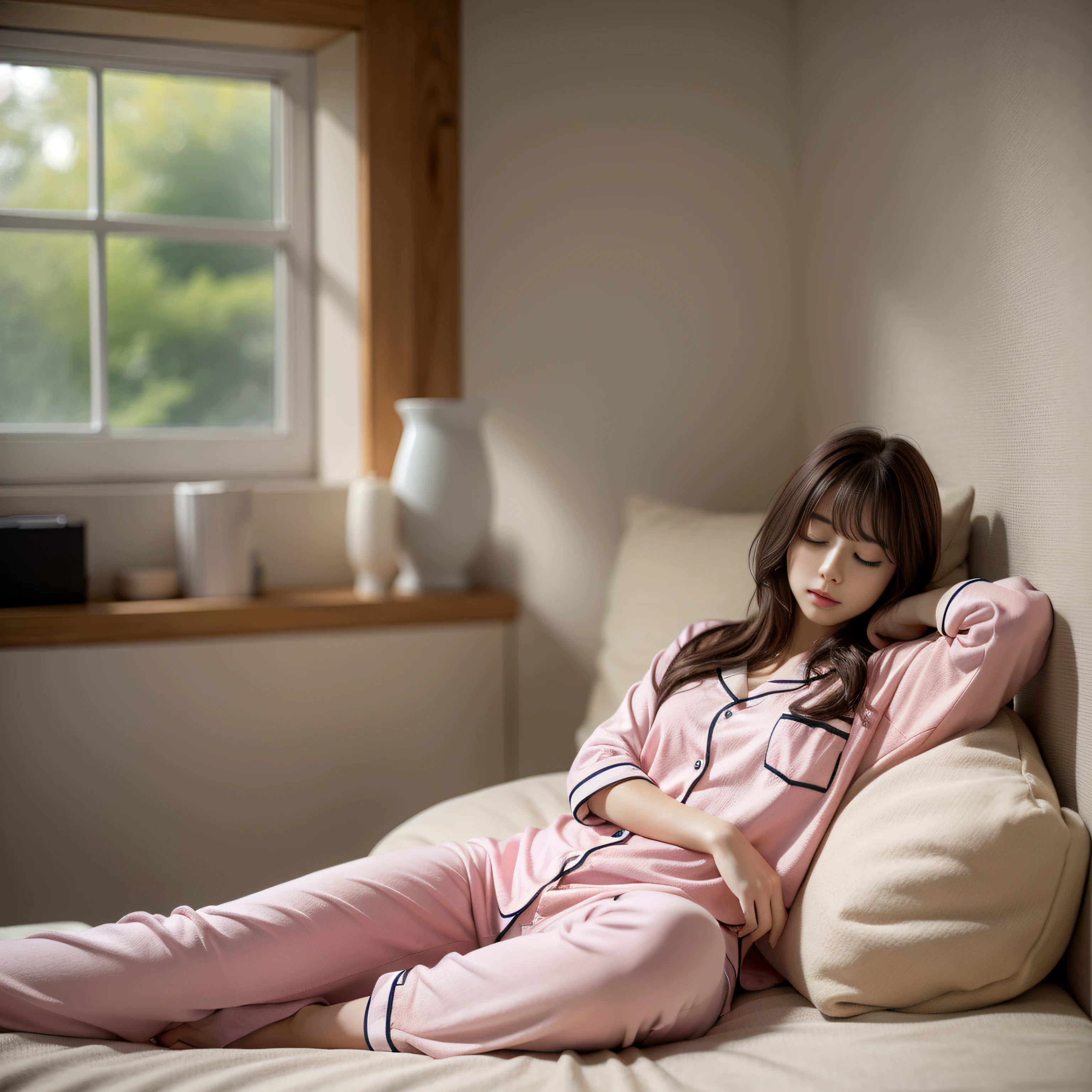 Sleeping girl, 22 years old, realistic, she is wearing long pants, she is wearing pink pajama, brown hair.